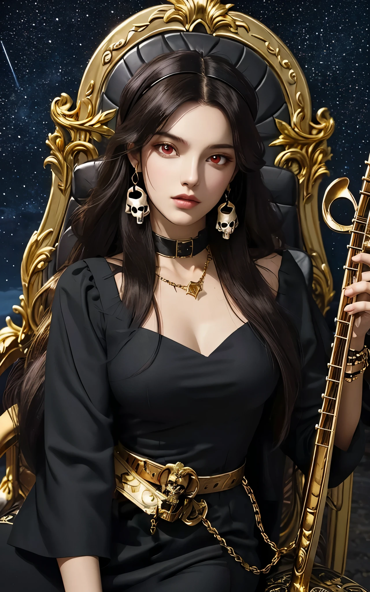 1 girl, solo, details, masterpiece, best quality, photorealistic realism, beautiful girl, long hair, black hair, skull headband, gold earrings, red eyes, beautiful face, skull necklace, perfect body, large breast, open chest, black long dress, skull bracelet, gold earrings, gold belt, musical instrument, sit on ancient chair, dark sky, dark temple,
