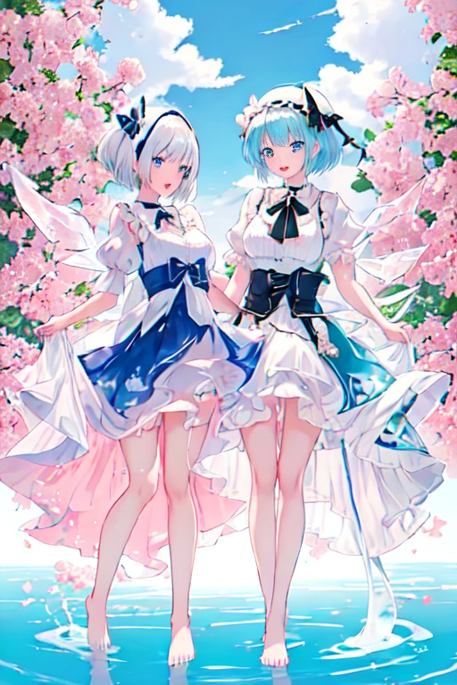 cirno和kirisame_marisa two cute girls,Double ,Looking directly at another person,Two people holding each other with their hands,2 girls on the beach,high resolution、Super detailed artwork,She's wearing a ridiculous outfit with ridiculous details,Consists of a pink dress made of transparent lace,The skirt fell down to her feet,A river of milky liquid formed,white lace, high resolution, Super detailed, most detailed,nude,barefoot,There is milky white fluid flowing out of the chest,high resolution, Super detailed, most detailed