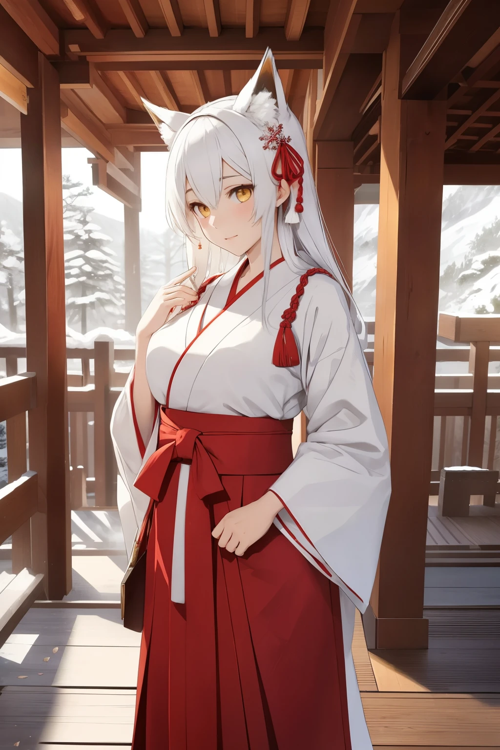 (ultra-detailed,best quality,highres:1.2), BLARKY beautiful caucasian woman with very long straight white hair,(yellow eyes),fair skin,expressive face,attractive appearance,animal ear fluff,animal ears,extra ears,fox ears,fox girl,fox tail,long hair,bangs,hair between eyes,large breasts,blush,
BREAK 1girl,
BREAK
Japanese shrine meiden, Miko,
A classic ankle-length kimono in a pure white or subtle solid color,
The sleeves are typically long and wide in traditional Japanese style,
BREAK
Flowing hakama pants, often in a contrasting color like black or deep red,
Hakama adds a ceremonial and dignified to the Miko ensemble,
BREAK
A vibrant, wide obi belt wrapped around the waist with intricate patterns,
The obi color and design can vary,
BREAK
White tabi socks with traditional zori sandals,
Carrying sacred wand "shakujo",
BREAK
Hair styled in a simple neat manner, adorned with a white ribbon or simple headband,
Traditional hairpins "kanzashi" for elegance,
BREAK
A sacred rope "shimenawa" draped over the shoulders,
A set of ritual paper streamers "shide" attached to the shimenawa or the sacred wand,
Subtle and natural makeup, smiling, enchanting smile,
BREAK masterpiece background, Keta Grand Shrine, A snowy Japanese shrine surrounded by tall pine trees, tranquil atmosphere, traditional architecture, serene beauty, peaceful setting, snow-covered roofs, delicate snowflakes falling gently, traditional wooden torii gate, soft winter sunlight casting long shadows, calm and serene surroundings, intricate details of the shrine's wooden carvings, lanterns gently glowing in the winter dusk, a sense of reverence and spirituality, pristine white snow contrasting with the vibrant reds and oranges of the shrine, a hint of smoke from burning incense, a few footsteps on the untouched snow leading towards the shrine, a connection to nature and ancient traditions.
BREAK dynamic pose, dynamic angle