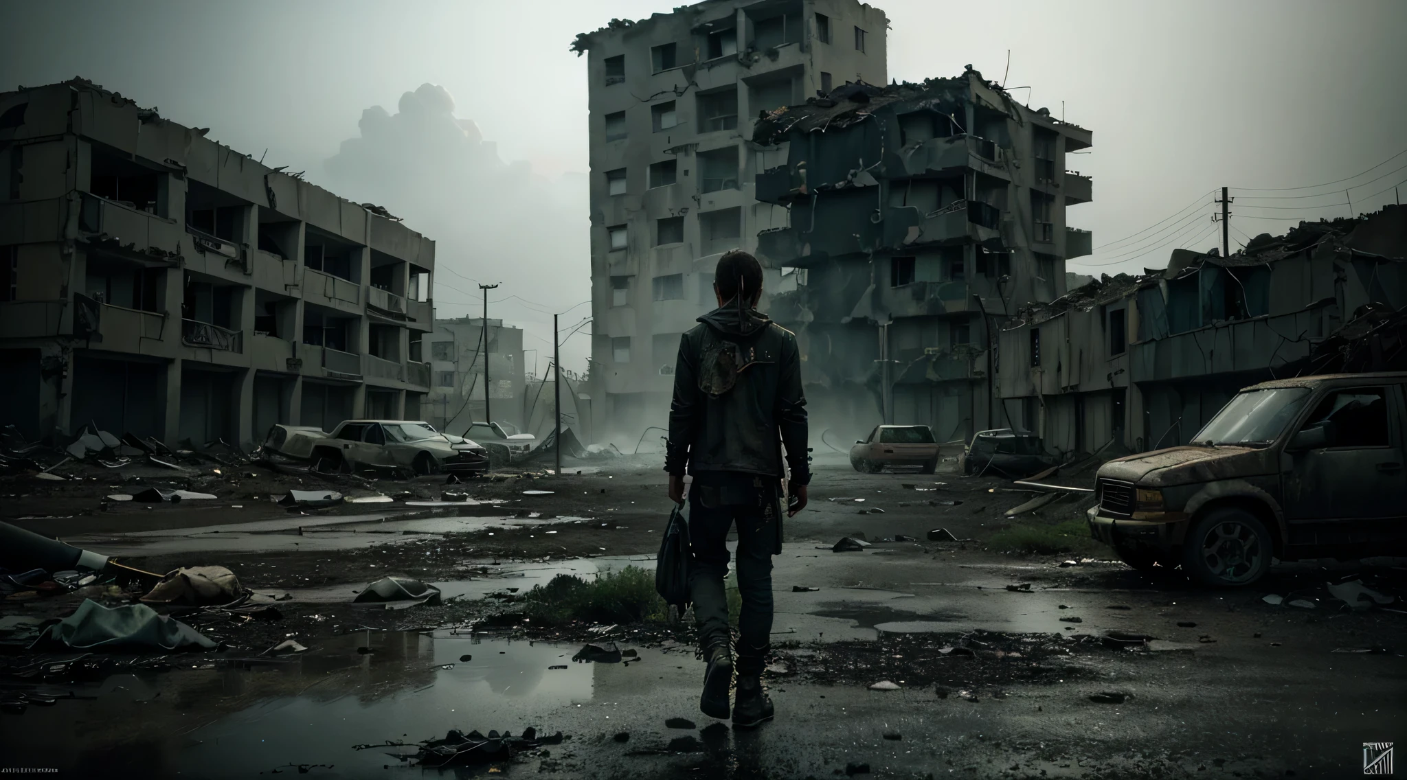 a post-apocalyptic scenario full of dead people, decaying buildings, desolate streets, wreckage, scattered items, abandoned vehicles, eerie silence, toxic atmosphere, ruins, overgrown vegetation, crumbling infrastructure, hauntingly beautiful landscapes, harsh sunlight, dust-filled air, dramatic shadows, hauntingly empty eyes, pale and lifeless skin, tattered clothing, worn-out shoes, scavengers roaming, a feeling of despair, solitude, the world in ruins, hopelessness, an unsettling stillness, a lone survivor, survival instincts kicking in, the struggle for survival amidst chaos, the human spirit persevering, a glimpse of hope in the distance, a new beginning emerging from the darkness. (best quality, highres), apocalyptic art style, desaturated colors, moody lighting.