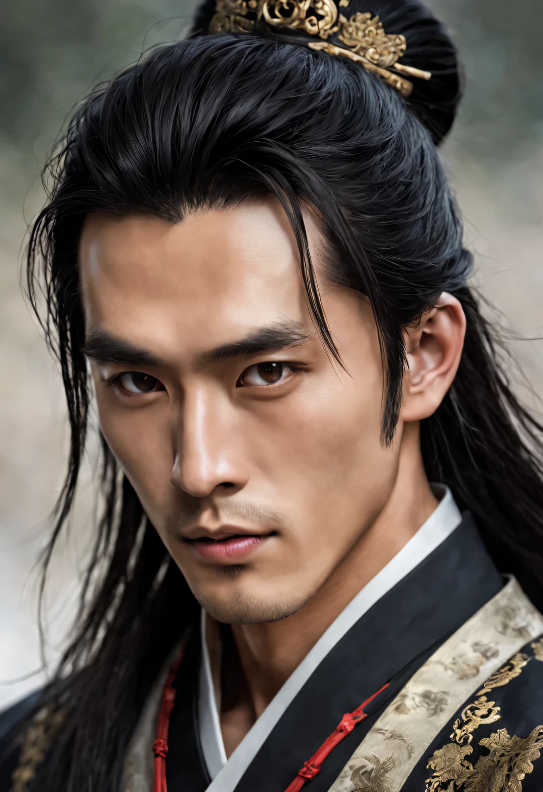 (male character design),(Close-up of cold handsome Chinese guy Pan An),(Close-up from the neck up),(very long messy hair:1.1),His forehead is full,Clear jawline,The whole face looks very delicate,Eyes bright and gentle,,The bridge of his nose is straight,(Bright and determined big eyes),悲伤的king子,Tone muscles,Abs details,Pan An as a Chinese handsome man,Red lips and white teeth的清秀、Prefer tenderness and melancholy,(Pan An wears modern men's clothing'Fashion. Pan An is tall and tall.,Ji Yu Xuanang,He has a strong physique,Pan An’s skin is fair and flawless,Exquisite facial features reveal elegant temperament,eyes clear and bright,His nose bridge is very high,Red lips and white teeth,展现你的king者风范,Noble temperament,Hairstyles in the Western Jin Dynasty,Inspired by Chinese actor Hu Ge,king,black and white,Chinese ink painting,black and white插画,