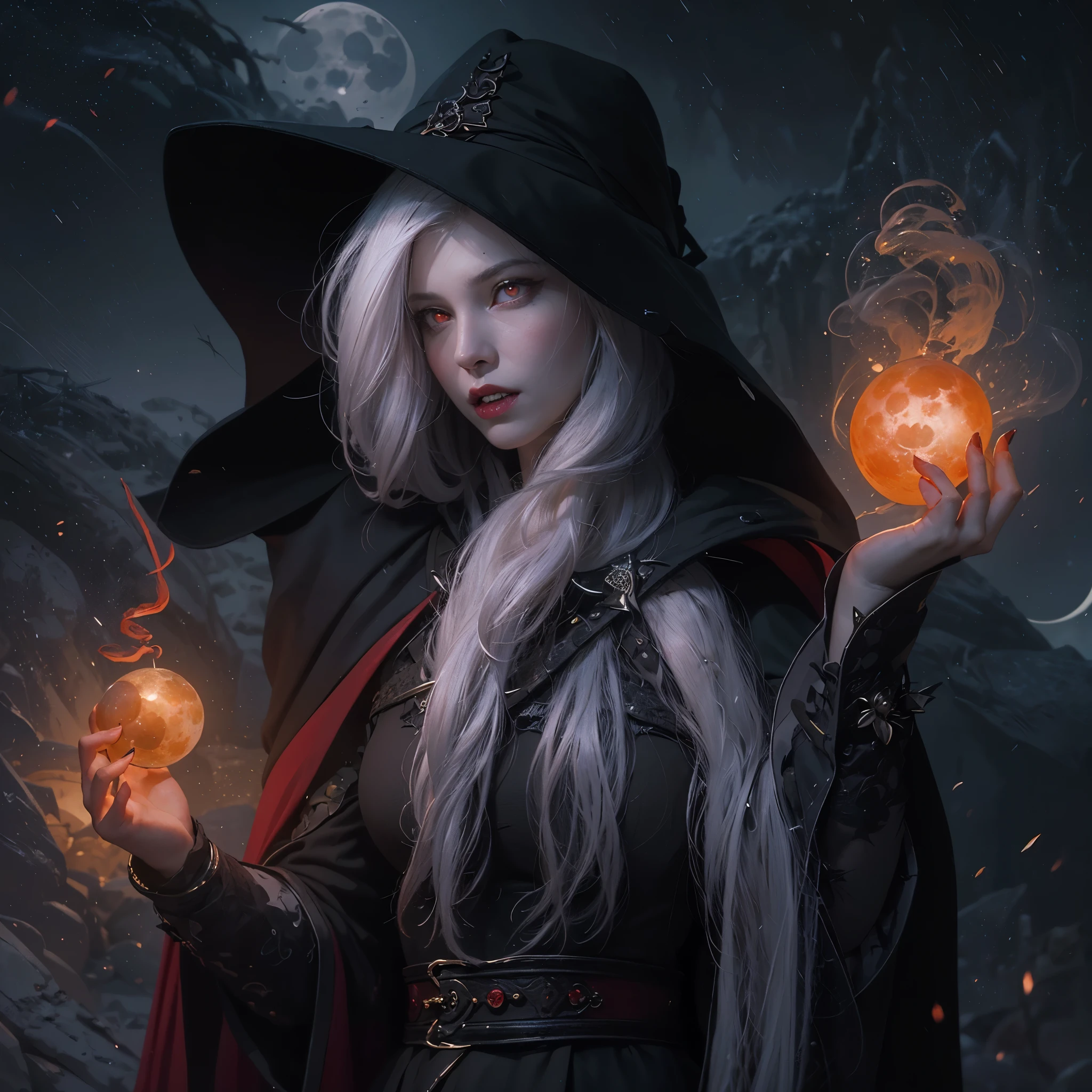 (Award-winning masterpiece, incredibly detailed, textured and maximally detailed), (hyper realistic: 1.4), (realistic: 1.3), (upper body: 1.6), ((medieval world)), (top quality realistic textured skin), beautiful vampire high ranking wizard: 1.7), (2 thick, long, sharp vampire teeth protruding from lips: 1.7), (red wizard wearing black hat: 1.6), (delicately decorated jet black cape: 1.6), (delicately decorated cape, damaged and faded: 1.5), (dense true circle symmetrical and eye catching dense and beautiful face: 1.6 ), (aesthetic and decadent atmospheric image: 1.6), (pale but beautiful skin and face: 1.6), (wearing a lot of decadent and delicately crafted accessories: 1.8), (strongly luminous magic circle: 1.3), (bioluminescent bright red eyes: 1.7), (debased beauty: 1.6), (from the inside pair of red eyes with intense red light: 1.7), (elegant and lavishly crafted accessories: 1.8), (little skin exposure: 1.5), (strong moonlight coming from outside: 1.7), ((dramatic photo)), ((cinematic light)), (full-length portrait: 1.7), ( Looking Down)), (Dramatic Pose)), (Smoke Effect and Bewitching Light:1.4)), Beautiful White Hair, Beautiful Silver Hair, Beautiful Beautiful Blonde Hair, Wind Effect, (Drifting Purple Smoke: 1.3)), Old Castle Site, ((Dark Night, Full Moon Night, New Moon Night)), Epic Realistic, Fading, ((Midnight Color ))), art book, (ticker:1.5), (muted colors:1.2), hyperdetailed, (art station:1.5), cinematic, warm lights, light effects, dramatic light, (elaborate detail:1.1), background complex, (Greg Rutkowski:0.8) (teal and orange:0.4), (teal and orange:0.4), (teal and orange:0.4), (teal and orange:0.4)