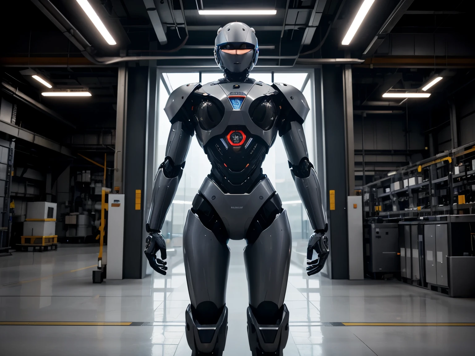 Mechanical Precision: Envision a futuristic production line where a highly efficient robot diligently carries out tasks with precision. Capture the sleek design and advanced technology of the robot as it seamlessly integrates into the workflow. Showcase the robot's focused movements, emphasizing its role in streamlining the production process. Highlight the innovation and efficiency brought to life in this image, symbolizing the cutting-edge automation in modern industrial settings.