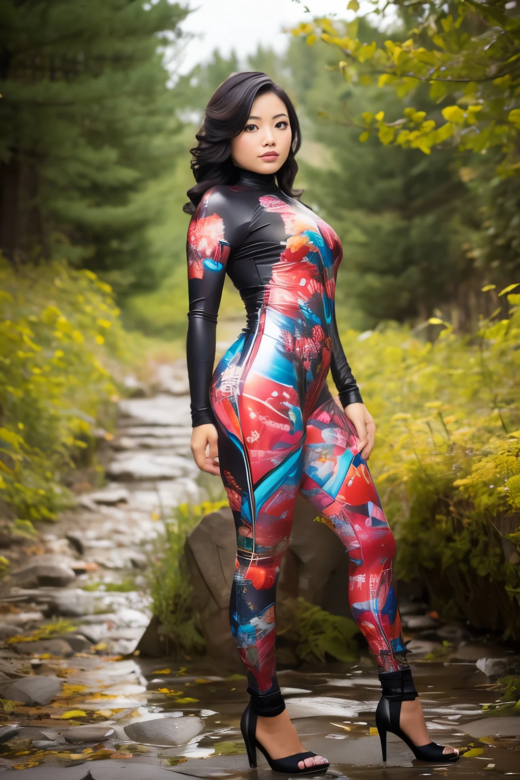 1 girl, glossy printing suit