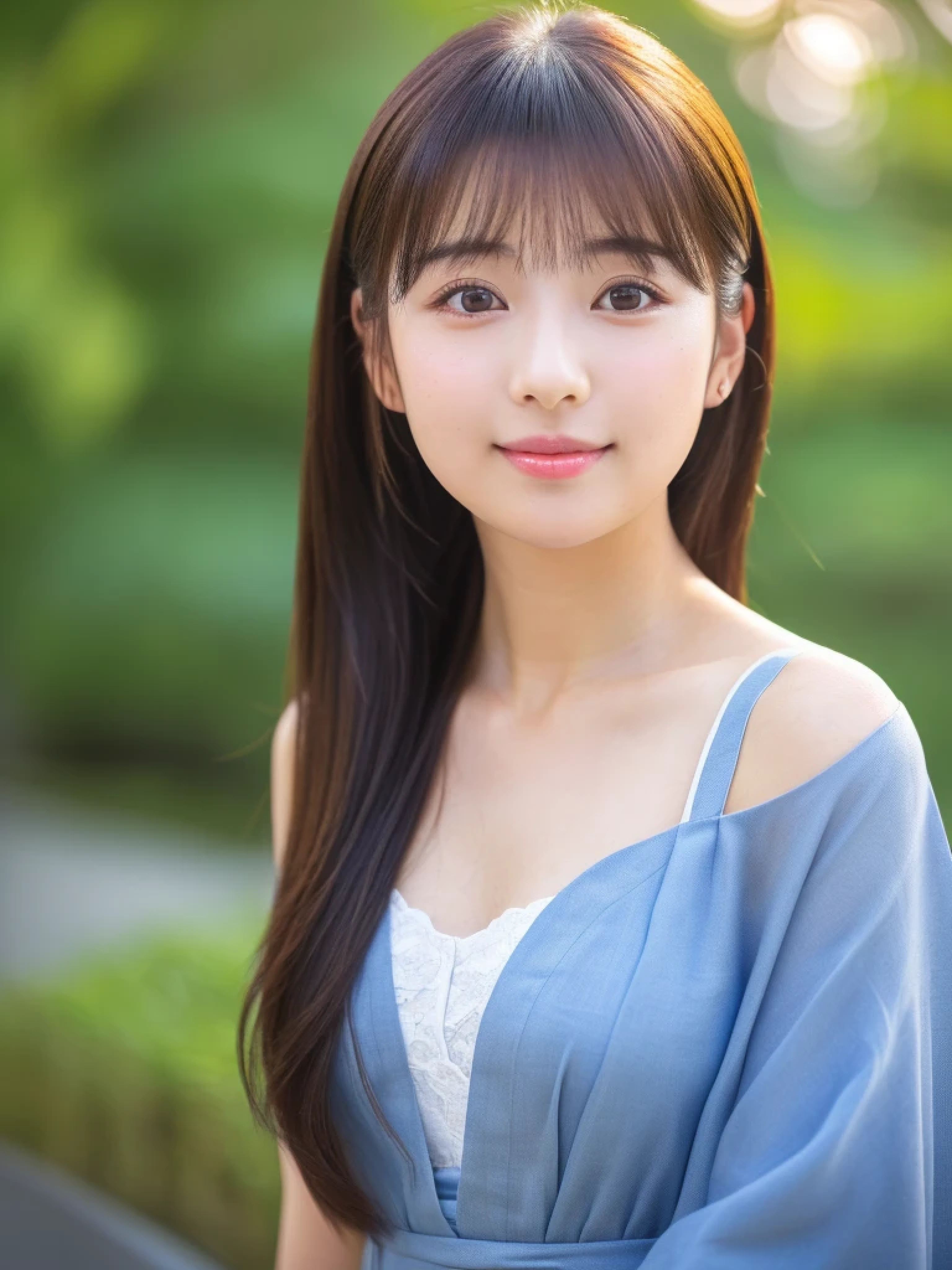 ((cute日本の女の子、beautiful japanese girl、1 girl、clear、19 years old、ponytail、Highly detailed face and skin texture、refinement、super detailed face、highly detailed eyes、Lee Hong、blush、cheek、ピンクのcheekを塗ったcheek、close-up of woman、 from the neck up、 Close to the camera、 positive face、Forward-facing body、look at the camera、front、cute、smooth white skin、Transparent skin texture、))、(dark brown hair、bangs)、beautiful woman with perfect style：1.4、japanese model、young gravure idol、若いcuteグラビアアイドル、Realistic young gravure idol、refinementされたグラビアアイドル、((highest quality、8K、masterpiece:1.3、１photograph))、(4K、RAWphotograph、highest quality)、(realistic、フォトrealistic:1.37)、Place someone on the other side of the screen、Natural light、professional lighting、