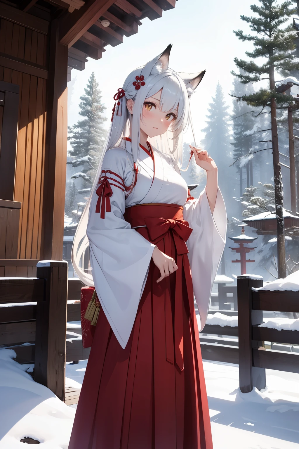 (ultra-detailed,best quality,highres:1.2), BLARKY beautiful caucasian woman with very long straight white hair,(yellow eyes),fair skin,expressive face,attractive appearance,animal ear fluff,animal ears,extra ears,fox ears,fox girl,fox tail,long hair,bangs,hair between eyes,large breasts,blush,
BREAK 1girl,
BREAK
Japanese shrine meiden, Miko, 
A classic ankle-length kimono in a pure white or subtle solid color,
The sleeves are typically long and wide in traditional Japanese style,
BREAK
Flowing hakama pants, often in a contrasting color like black or deep red,
Hakama adds a ceremonial and dignified to the Miko ensemble,
BREAK
A vibrant, wide obi belt wrapped around the waist with intricate patterns,
The obi color and design can vary,
BREAK
White tabi socks with traditional zori sandals,
Carrying sacred wand "shakujo",
BREAK
Hair styled in a simple neat manner, adorned with a white ribbon or simple headband,
Traditional hairpins "kanzashi" for elegance,
BREAK
A sacred rope "shimenawa" draped over the shoulders,
A set of ritual paper streamers "shide" attached to the shimenawa or the sacred wand,
Subtle and natural makeup,
BREAK masterpiece background, A snowy Japanese shrine surrounded by tall pine trees, tranquil atmosphere, traditional architecture, serene beauty, peaceful setting, snow-covered roofs, delicate snowflakes falling gently, traditional wooden torii gate, soft winter sunlight casting long shadows, calm and serene surroundings, intricate details of the shrine's wooden carvings, lanterns gently glowing in the winter dusk, a sense of reverence and spirituality, pristine white snow contrasting with the vibrant reds and oranges of the shrine, a hint of smoke from burning incense, a few footsteps on the untouched snow leading towards the shrine, a connection to nature and ancient traditions.
BREAK dynamic pose, dynamic angle