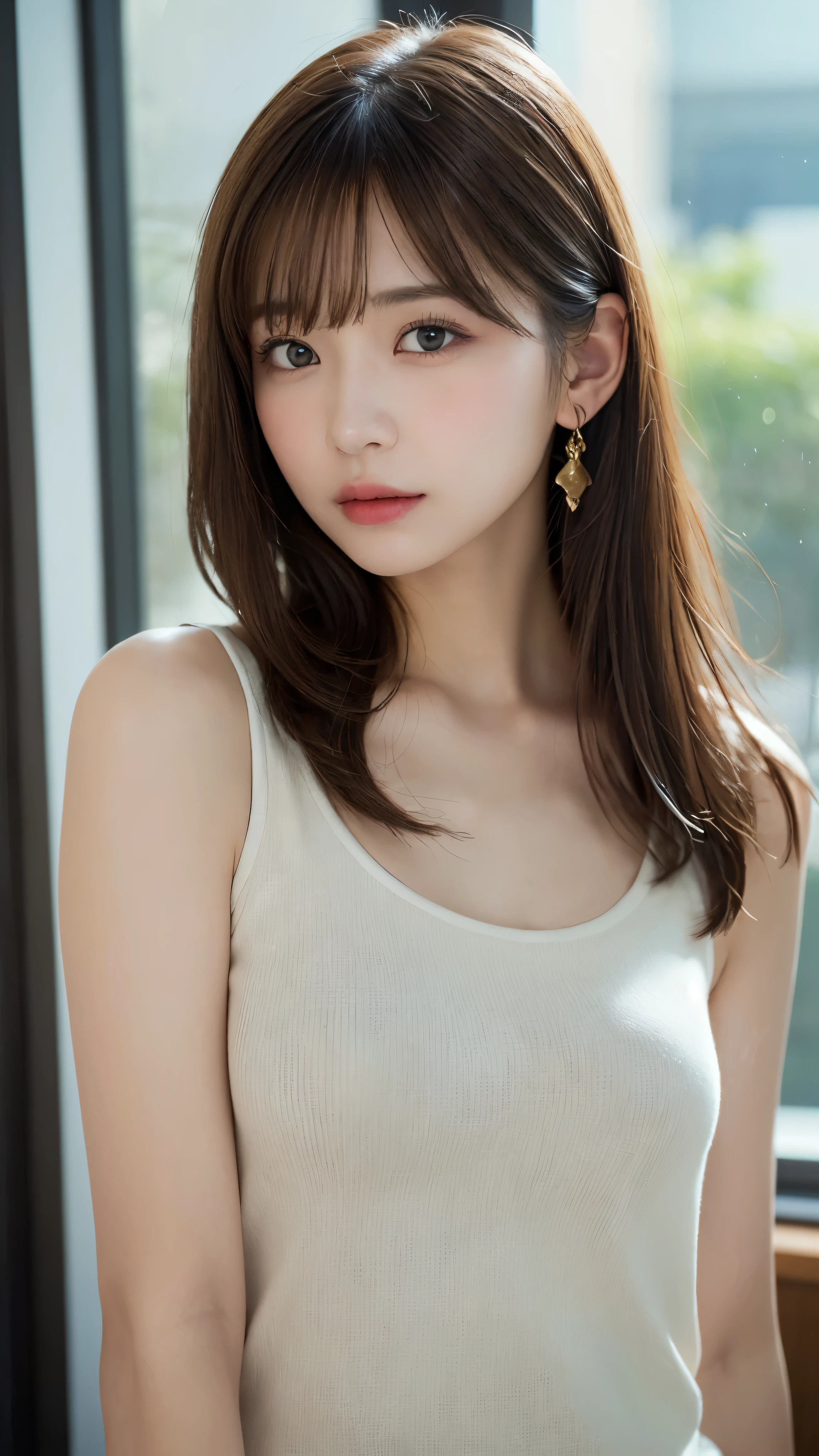 (masterpiece:1.5)、(realistic:1.5)、(highest quality:1.4、8K、RAW photo)、
ultra high resolution、professional lighting、perfect dynamic composition、indoors、
film grain、chromatic aberration、(Bokeh:1.1)、
Frank、Sophisticated、Charm、surreal、high detail、golden ratio、
(1 girl)、slender girl、繊細でCharm女の子、cute woman:1.4、
serious expression、looking at the viewer、
light brown hair、shining hair、Random cute hairstyles、
clear and beautiful skin、skin that looks real、
close your mouth、natural color lip、fine eyes、double eyelid、thin arms、
(wearing a tank top)