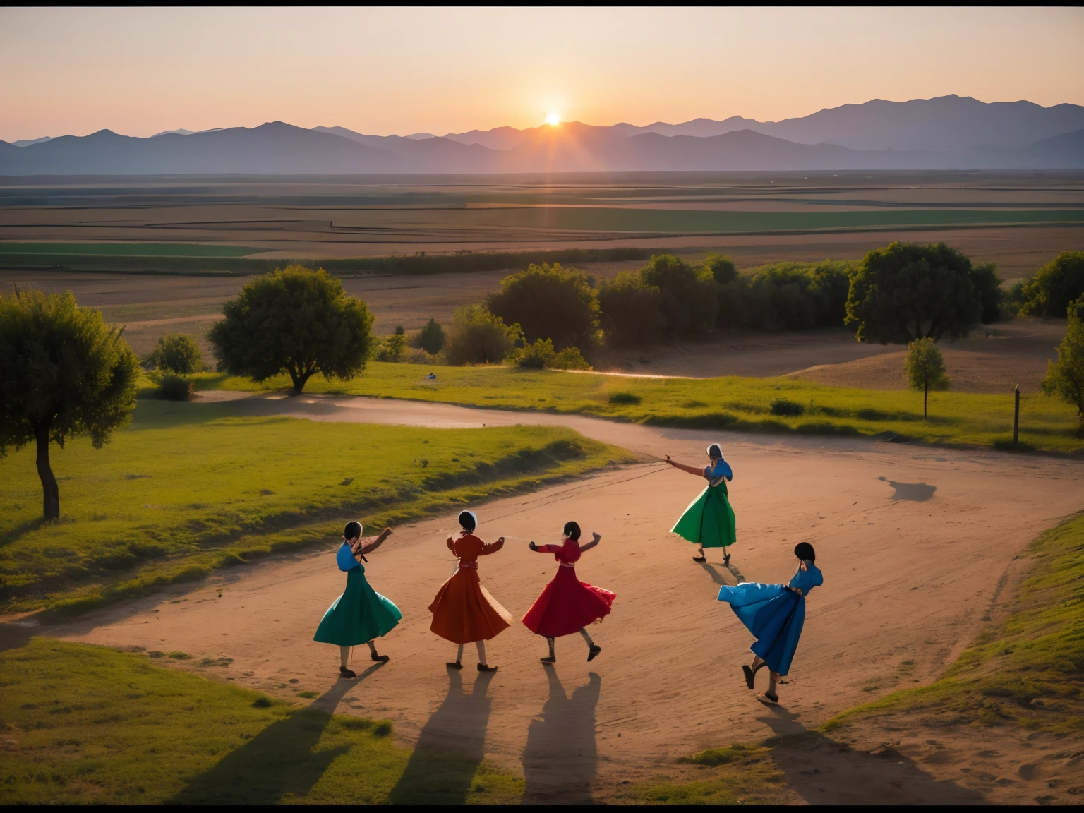 Uzbekistan folk dance pictures,There are people dancing in the middle,Background of sunset,On both sides are local landscape features