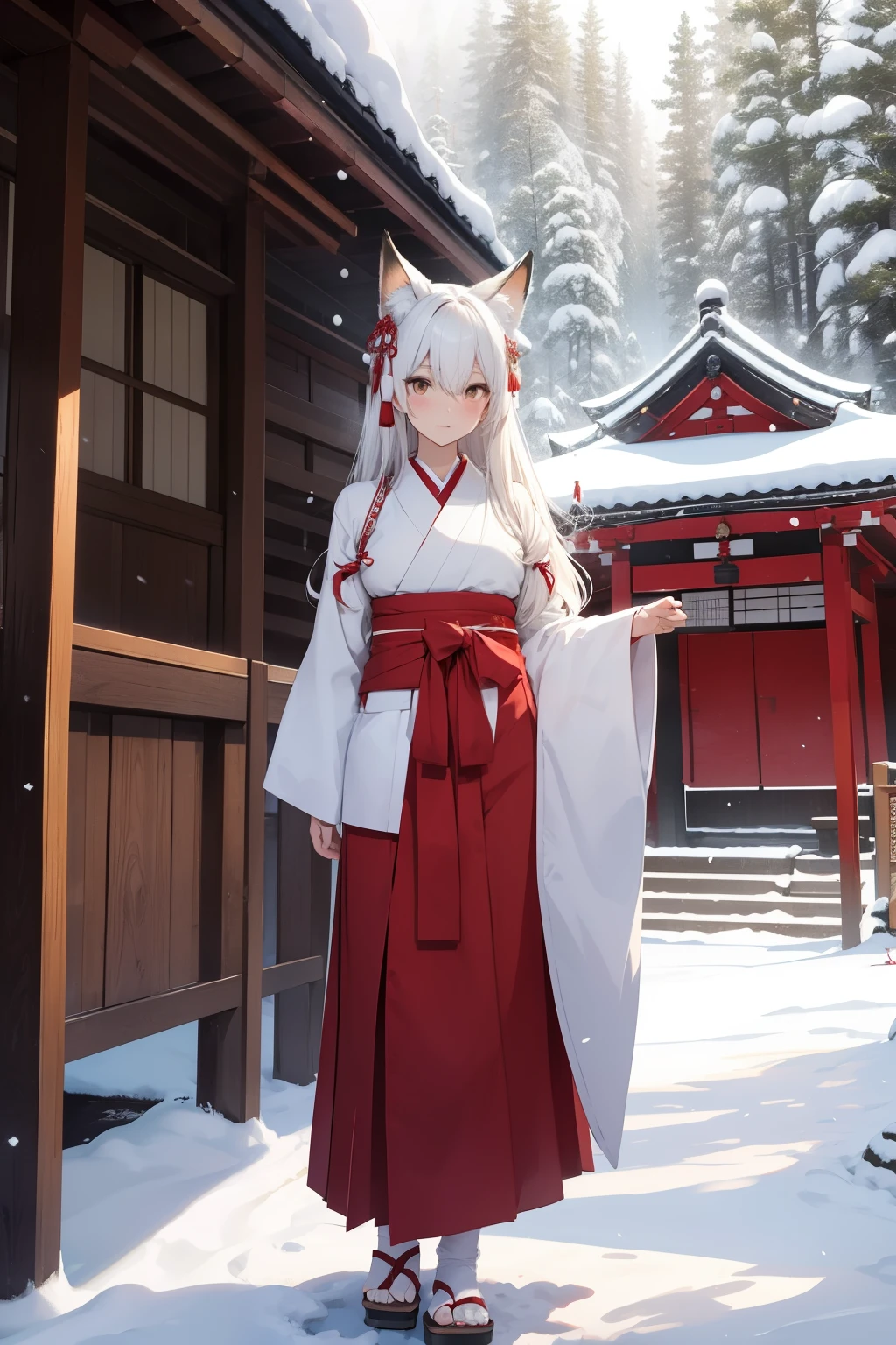 (ultra-detailed,best quality,highres:1.2), BLARKY beautiful caucasian woman with very long straight white hair,(yellow eyes),fair skin,expressive face,attractive appearance,animal ear fluff,animal ears,extra ears,fox ears,fox girl,fox tail,long hair,bangs,hair between eyes,large breasts,blush,
BREAK 1girl,
BREAK
Japanese shrine meiden, Miko,
A classic ankle-length kimono in a pure white or subtle solid color,
The sleeves are typically long and wide in traditional Japanese style,
BREAK
Flowing hakama pants, often in a contrasting color like black or deep red,
Hakama adds a ceremonial and dignified to the Miko ensemble,
BREAK
A vibrant, wide obi belt wrapped around the waist with intricate patterns,
The obi color and design can vary,
BREAK
White tabi socks with traditional zori sandals,
Carrying sacred wand "shakujo",
BREAK
Hair styled in a simple neat manner, adorned with a white ribbon or simple headband,
Traditional hairpins "kanzashi" for elegance,
BREAK
A sacred rope "shimenawa" draped over the shoulders,
A set of ritual paper streamers "shide" attached to the shimenawa or the sacred wand,
Subtle and natural makeup,
BREAK masterpiece background, A snowy Japanese shrine surrounded by tall pine trees, tranquil atmosphere, traditional architecture, serene beauty, peaceful setting, snow-covered roofs, delicate snowflakes falling gently, traditional wooden torii gate, soft winter sunlight casting long shadows, calm and serene surroundings, intricate details of the shrine's wooden carvings, lanterns gently glowing in the winter dusk, a sense of reverence and spirituality, pristine white snow contrasting with the vibrant reds and oranges of the shrine, a hint of smoke from burning incense, a few footsteps on the untouched snow leading towards the shrine, a connection to nature and ancient traditions.
BREAK dynamic pose, dynamic angle