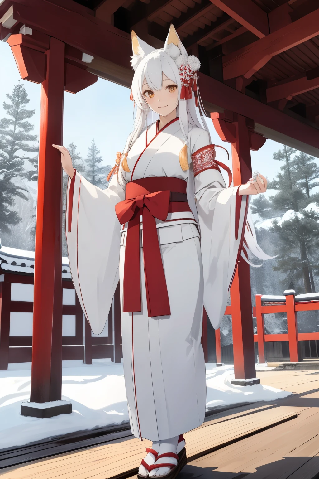 (ultra-detailed,best quality,highres:1.2), BLARKY beautiful caucasian woman with very long straight white hair,(yellow eyes),fair skin,expressive face,attractive appearance,animal ear fluff,animal ears,extra ears,fox ears,fox girl,fox tail,long hair,bangs,hair between eyes,large breasts,blush,
BREAK 1girl,
BREAK
Japanese shrine meiden, Miko,
A classic ankle-length kimono in a pure white or subtle solid color,
The sleeves are typically long and wide in traditional Japanese style,
BREAK
Flowing hakama pants, often in a contrasting color like black or deep red,
Hakama adds a ceremonial and dignified to the Miko ensemble,
BREAK
A vibrant, wide obi belt wrapped around the waist with intricate patterns,
The obi color and design can vary,
BREAK
White tabi socks with traditional zori sandals,
Carrying sacred wand "shakujo",
BREAK
Hair styled in a simple neat manner, adorned with a white ribbon or simple headband,
Traditional hairpins "kanzashi" for elegance,
BREAK
A sacred rope "shimenawa" draped over the shoulders,
A set of ritual paper streamers "shide" attached to the shimenawa or the sacred wand,
Subtle and natural makeup, smiling, enchanting smile,
BREAK masterpiece background, Keta Grand Shrine, A snowy Japanese shrine surrounded by tall pine trees, tranquil atmosphere, traditional architecture, serene beauty, peaceful setting, snow-covered roofs, delicate snowflakes falling gently, traditional wooden torii gate, soft winter sunlight casting long shadows, calm and serene surroundings, intricate details of the shrine's wooden carvings, lanterns gently glowing in the winter dusk, a sense of reverence and spirituality, pristine white snow contrasting with the vibrant reds and oranges of the shrine, a hint of smoke from burning incense, a few footsteps on the untouched snow leading towards the shrine, a connection to nature and ancient traditions.
BREAK dynamic pose, dynamic angle