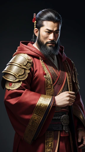 oriental、man in ancient chinese clothes、A man wearing a folded hood、three kingdom、multiple warlords、highest quality、masterpiece、ultra high resolution、(realistic:1.4)、game poster、Clear and beautiful image quality、Red clothes、beard