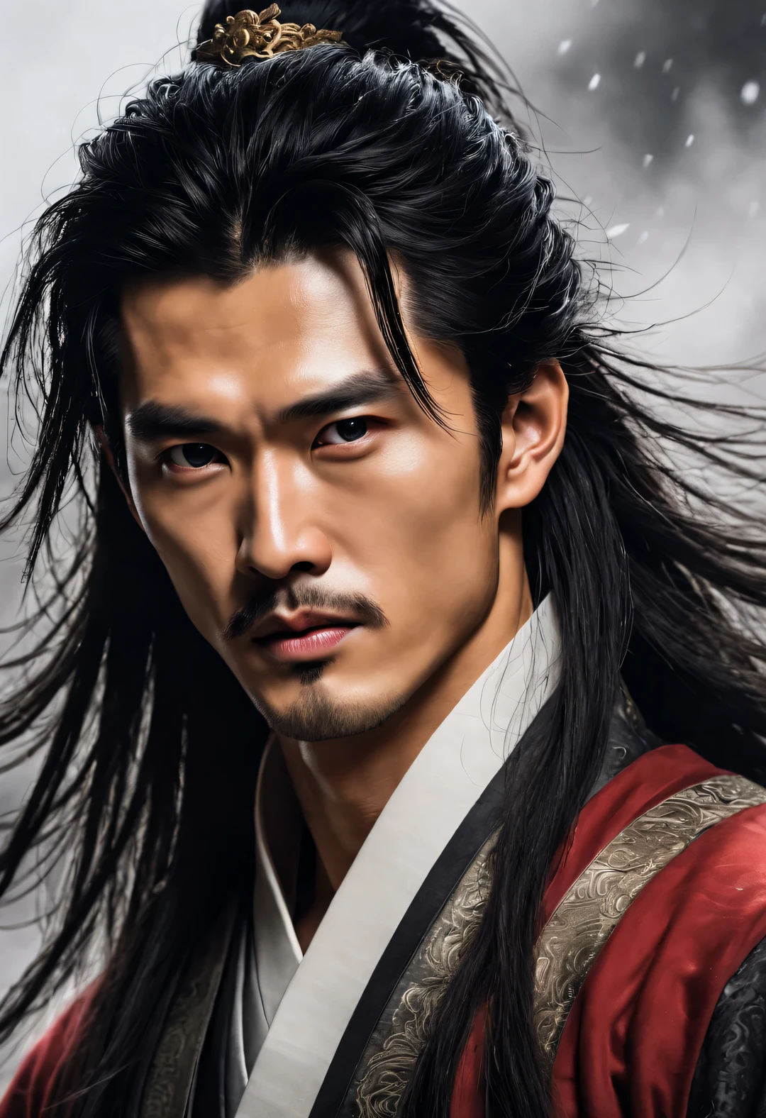 （male character design），（Close-up of Chinese aloof and handsome guy Pan An），（Close-up from the neck up），（very long messy hair：1.1），（Double eyelids, big eyes and bright eyes），悲伤的The king子，Strengthen muscles，Abs details，Pan An plays the role of a handsome Chinese guy，Red lips and white teeth的清秀、Prefer tenderness and melancholy，（Pan An wears modern men&#39;s clothing&#39;clothing&#39;Fashion. Pan An is tall and tall.，Ji Yu Xuanang，He has a strong physique，Pan An’s skin is fair and flawless，His exquisite facial features，eyes clear and bright，His nose bridge is very high，Red lips and white teeth，展现你的The king者风范，Noble temperament，Western Jin hairstyle，Inspired by Chinese actor Hu Ge，The king，black and white，Chinese ink painting，black and white插画，
