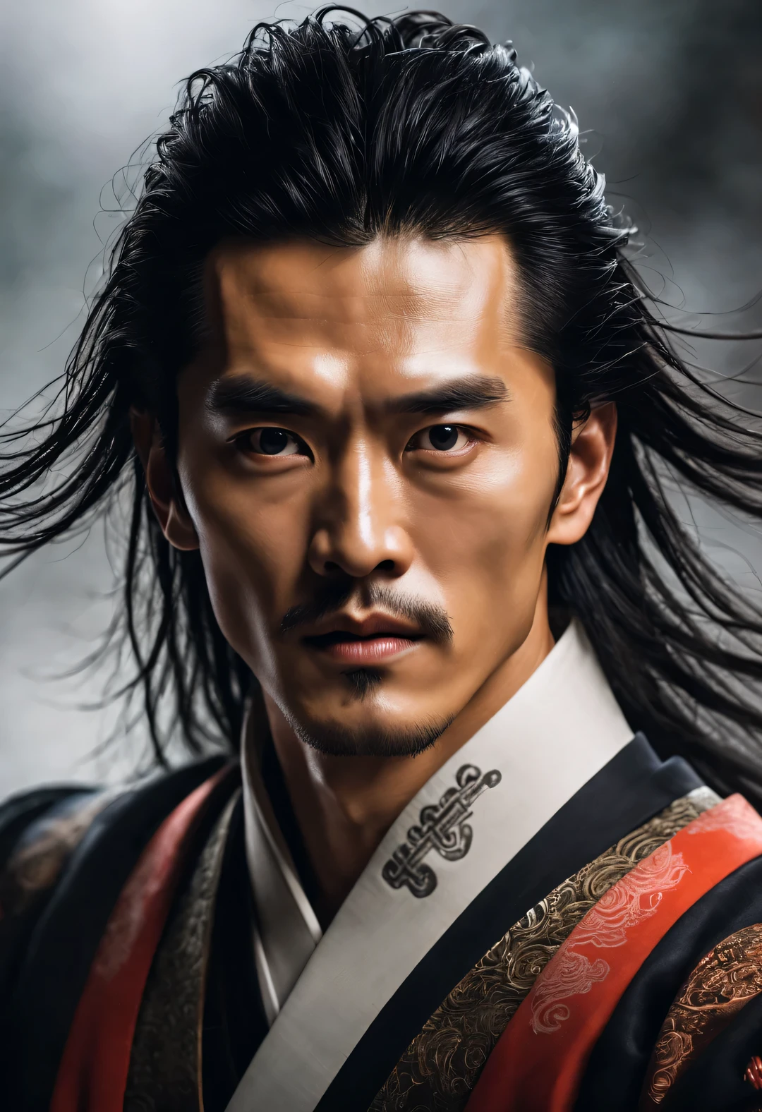 (male character design),(Close-up of Chinese aloof and handsome guy Pan An),(Close-up from the neck up),(very long messy hair:1.1),(Double eyelids, big eyes and bright eyes),悲伤的The king子,Strengthen muscles,Abs details,Pan An plays the role of a handsome Chinese guy,Red lips and white teeth的清秀、Prefer tenderness and melancholy,(Pan An wears modern men's clothing'clothing'Fashion. Pan An is tall and tall.,Ji Yu Xuanang,He has a strong physique,Pan An’s skin is fair and flawless,His exquisite facial features,eyes clear and bright,His nose bridge is very high,Red lips and white teeth,展现你的The king者风范,Noble temperament,Western Jin hairstyle,Inspired by Chinese actor Hu Ge,The king,black and white,Chinese ink painting,black and white插画,