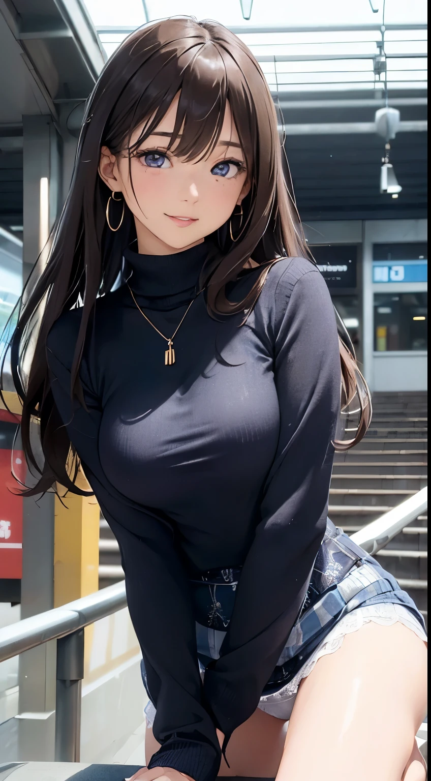 (masutepiece: 1.3), (max resolution: 1.2), (Ultra HDTV: 1.2), cinematric light, Ultra HDTV, (Detailed eyes and skin), (detailed facial features), nffsw, 8K resolution, Sharp Focus: 1.2, Perfect Style, Beautiful face, Perfect body, 准确, Anatomically correct, Highly detailed face and skin texture, Detailed eyes, Dark-blue eyes, Double eyelids, Thin eyebrows, Glitter Eyeliner: 1.2, Natural cheeks, Glossy skin, Fair skin: 1.2, shiny little necklace and earrings, (Glossy lips: 1.4), BREAK, One-person viewpoint, (She is a very cute female teacher), (Light yellow lace panties), (Seductive smile: 1.2), ((a Innocent and cute girl:1.3)), (Long Wave Hair), (ligh brown hair:1.2), (Cowboy Shot: 1.2), BREAK, ((Very intimate relationships: 1.2)), medium large breasts, ((Looking at Viewer:1.2)), ((train station stairs:1.2)), ((Bend your knees and open your legs wide:1.2)), (From Side:1.2),low angle shot,FULL BODYSHOT Tight sweater with long sleeves in bright colors Tight jeans mini skirt Embarrassed look Kamimei