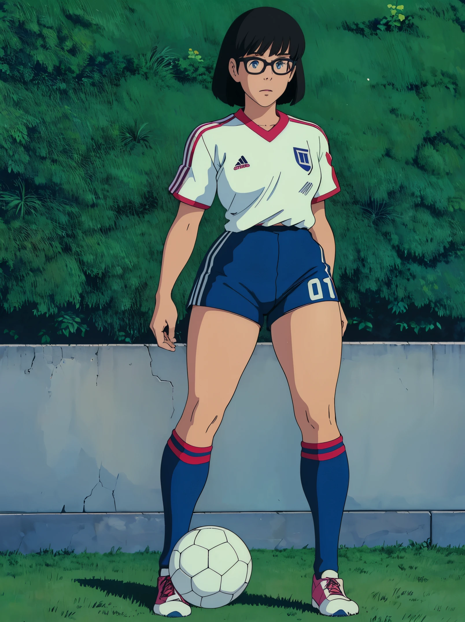 Female, black hair, medium hair, bob haircut, soccer player, blue eyes, glasses, red jersey, medium breasts, black shorts, socks, shinguards, cleats, 1980’s, wallpaper, standing, soccer pitch, background, slim, fit figure, portrait, close up, 1girl, pose