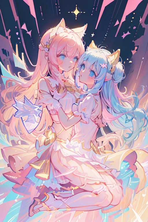 (2girls:1.1),(holding hands:1.1),(kiss on the lips:1.1) ,pastel colors,fair skin,The skin is delicate and shiny,Looking directly at another person,Two people holding each other with their hands,2 girls on the beach,high resolution、Super detailed artwork,She's wearing a ridiculous outfit with ridiculous details,Consists of a pink dress made of transparent lace,The skirt fell down to her feet,A river of milky liquid formed,white lace, high resolution, Super detailed, most detailed,nude,barefoot,There is milky white fluid flowing out of the chest,high resolution, Super detailed, most detailed,complex lighting、top quality、Masterpiece、Cat-eared girl、Eyes are the heart、I smiled cruelly。Her big eyes sparkle in her heart、The audience sees its cute expression々capture hearts。Soft hair matched with fluffy ears and a tail that flaps in the wind、Make her cuteness more prominent。Twinkling stars on the background、It brings out her lovely temperament even more.