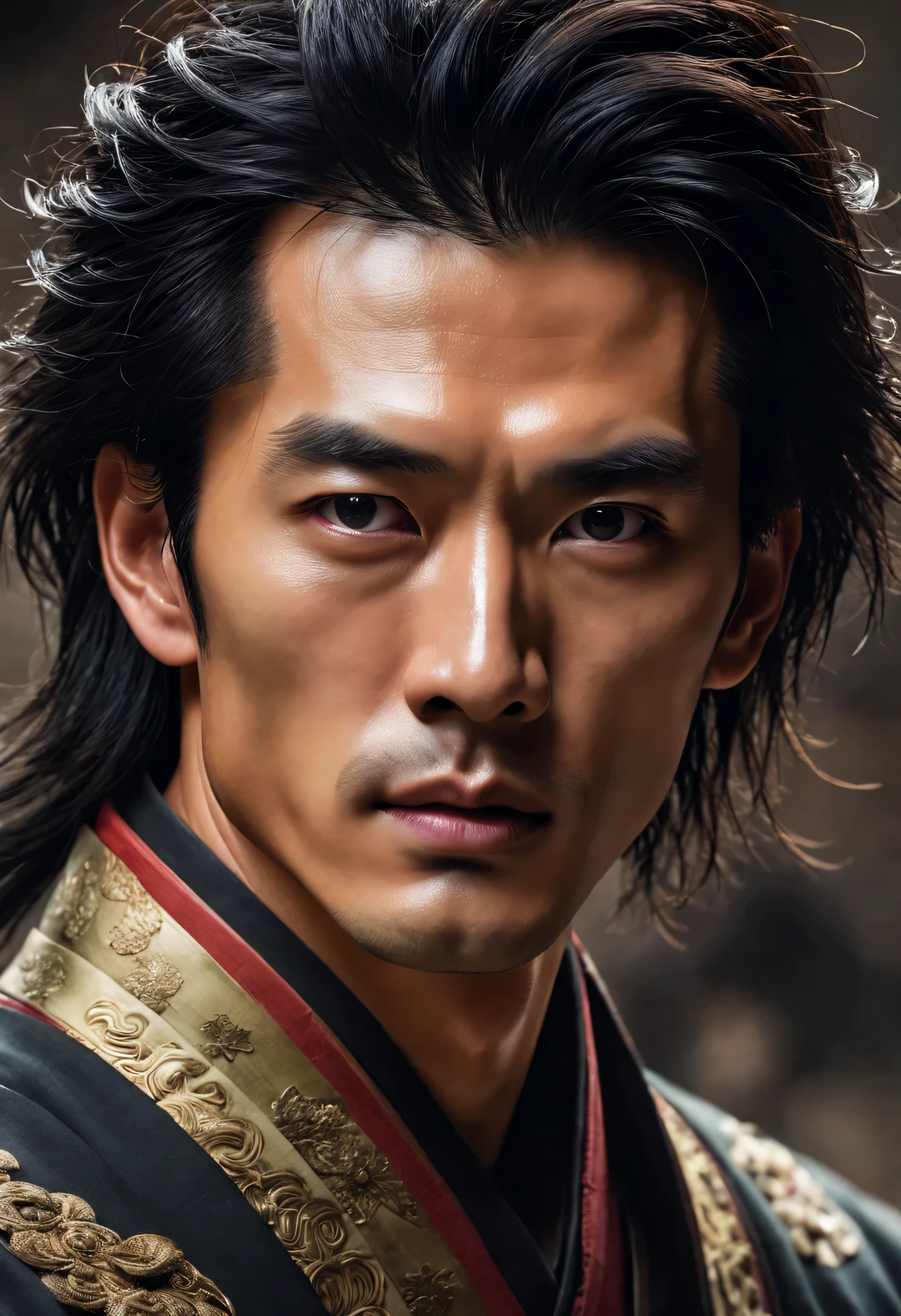 (male character design),(Close-up of cold handsome Chinese guy Pan An),(Close-up from the neck up),(very long messy hair:1.1),(Big eyes with bright double eyelids),悲伤的king子,Tone muscles,Abs details,Pan An as a Chinese handsome man,Red lips and white teeth的清秀、Prefer tenderness and melancholy,(Pan An wears modern men's clothing'Fashion. Pan An is tall and tall.,Ji Yu Xuanang,He has a strong physique,Pan An’s skin is fair and flawless,His exquisite facial features,eyes clear and bright,His nose bridge is very high,Red lips and white teeth,展现你的king者风范,Noble temperament,Hairstyles in the Western Jin Dynasty,Inspired by Chinese actor Hu Ge,king,black and white,Chinese ink painting,black and white插画,