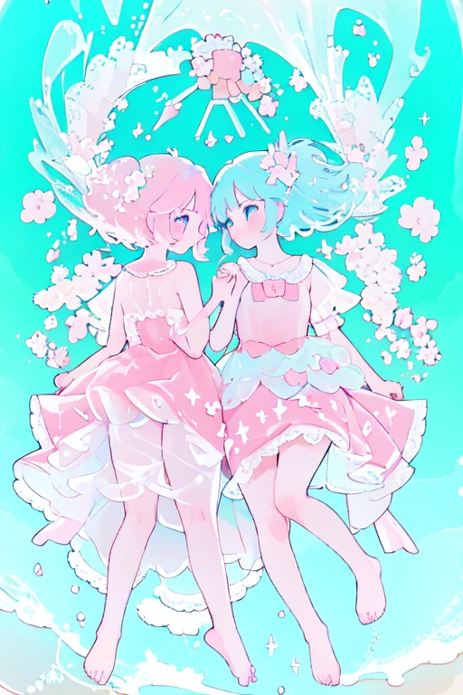 cirno和kirisame_marisa two cute girls,Double ,Looking directly at another person,Two people holding each other with their hands,2 girls on the beach,high resolution、Super detailed artwork,She's wearing a ridiculous outfit with ridiculous details,Consists of a pink dress made of transparent lace,The skirt fell down to her feet,A river of milky liquid formed,white lace, high resolution, Super detailed, most detailed,nude,barefoot,There is milky white fluid flowing out of the chest,high resolution, Super detailed, most detailed