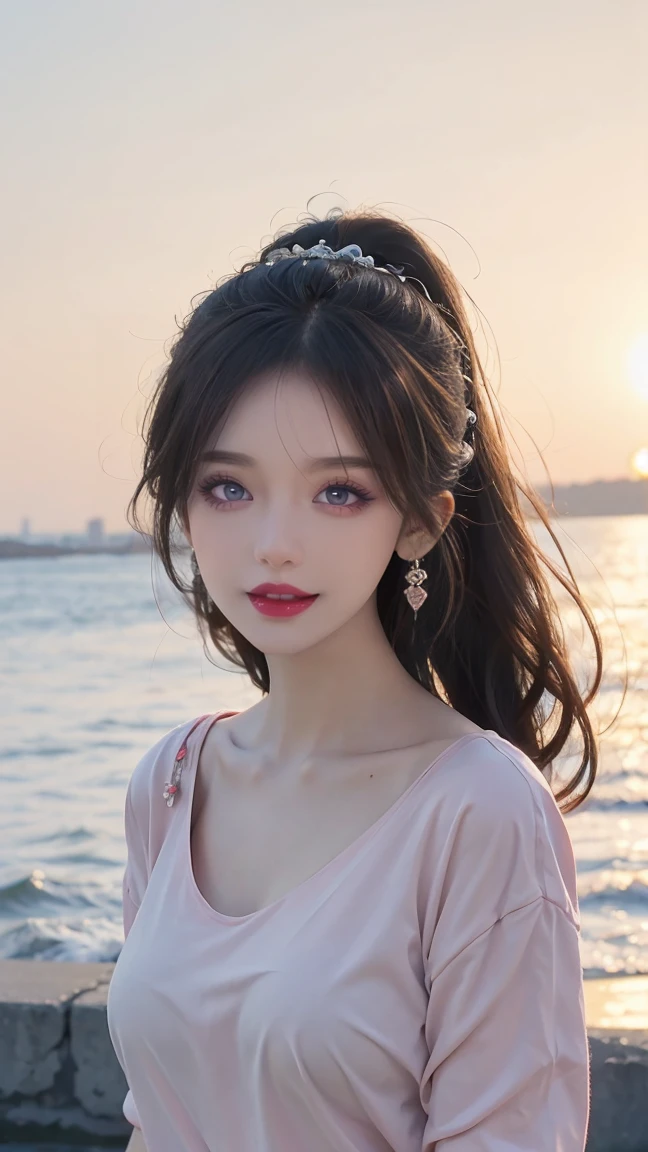 8K resolution,best picture quality,sea view,high-rise,The seaside at dusk,The sea is choppy,Backlight,fashion girl,Loose black hair,Hair up,smooth hair,feather hair accessories,There are collarbones,Beautiful fine light makeup,Exquisite and perfect facial features,The most beautiful big eyes,long eyelashes,Sweet with lying silkworms,Baby pink lip stain,earrings,Sweet smile,Wearing a light pink transparent light pink shirt,Perfectly proportioned body,Ultra-detailed background painting,dynamic angle,Ultimate picture quality,highest precision