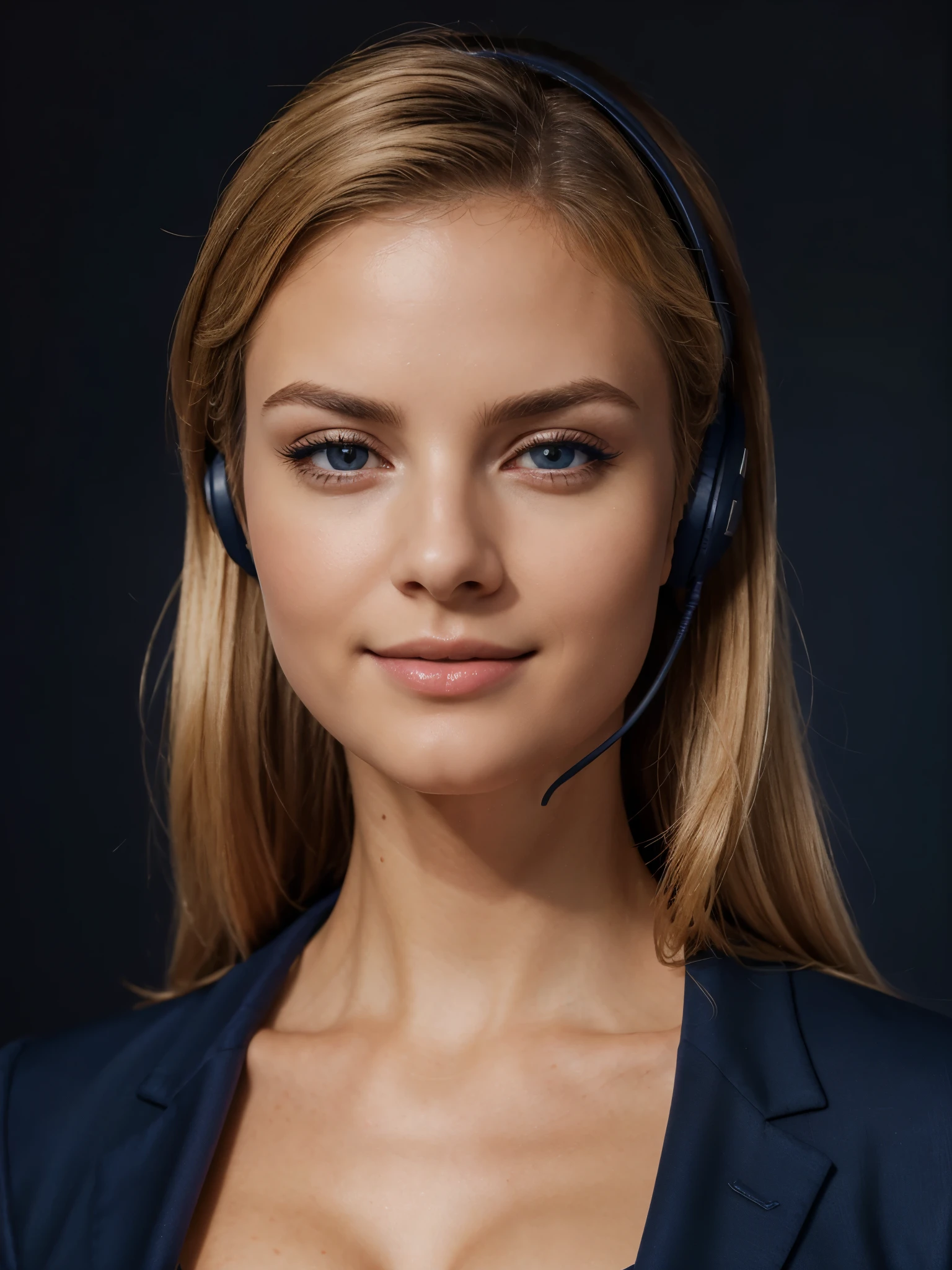 (highres:1.2),(best quality:1.2),(professional:1.1),(portrait:1.1), navy dark blue profesional blazer clothes, wearing a callcenter headset with a microphone, blonde hair,upper body,female,stylish,elegant,corporate attire,businesswoman,headshot,beautiful,American,photo for CV,confident expression,neutral background,sharp focus,vivid colors,subtle makeup, eyes,sophisticated pose,professional lighting,high-key lighting,soft shadows,relaxed posture,exceptional detail,crisp lines,polished look,fine texture on navy blue clothing,delicate jewelry,refined features,graceful demeanor,classic beauty,perfect complexion,subtle smile,attractive woman,striking appearance,impressive confidence,neatly arranged hair,subdued colors