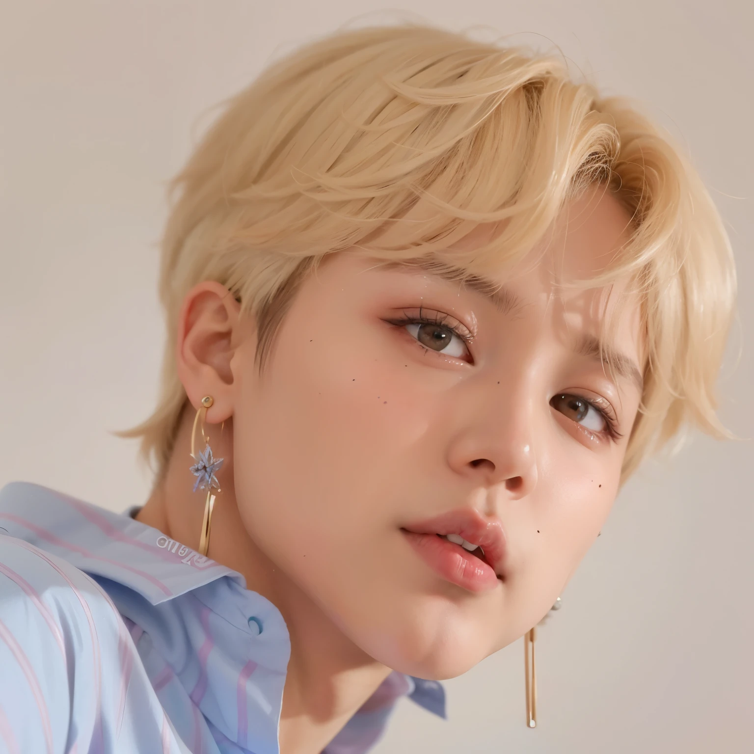 um close de uma pessoa com uma camisa azul e brincos, Jimin\the full lips, Jimin\o nariz grego, Jimin, park Jimin, accurate Jimin face, Jimin\the right eyelid is swollen, Jung Jaehyun, kpop idol portrait, hyung tae, com cabelo curto, inspirado em Yanjun Cheng, Yanjun Chengt, Yoongi de cabelo preto