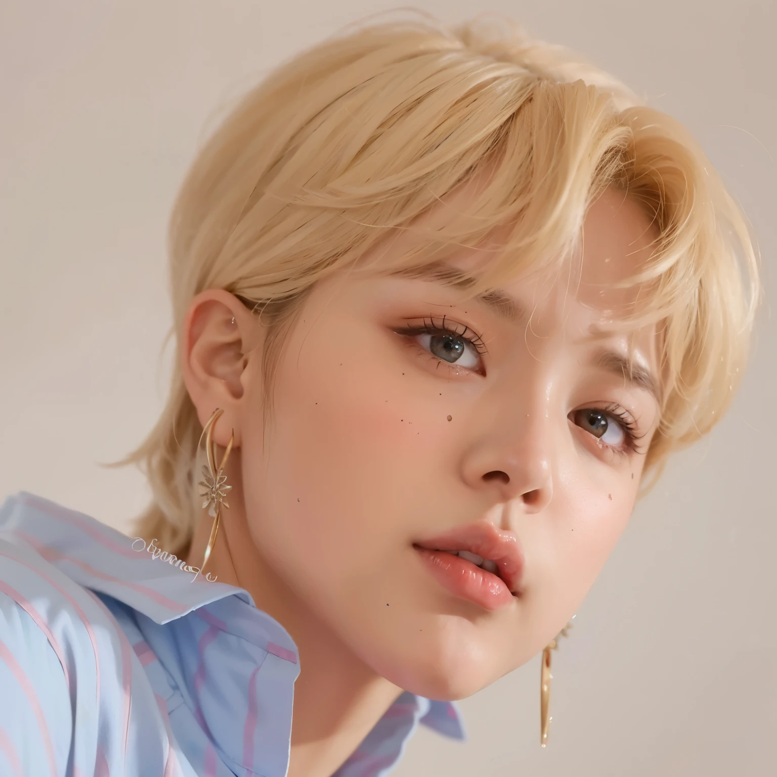 um close de uma pessoa com uma camisa azul e brincos, Jimin\the full lips, Jimin\o nariz grego, Jimin, park Jimin, accurate Jimin face, Jimin\the right eyelid is swollen, Jung Jaehyun, kpop idol portrait, hyung tae, com cabelo curto, inspirado em Yanjun Cheng, Yanjun Chengt, Yoongi de cabelo preto