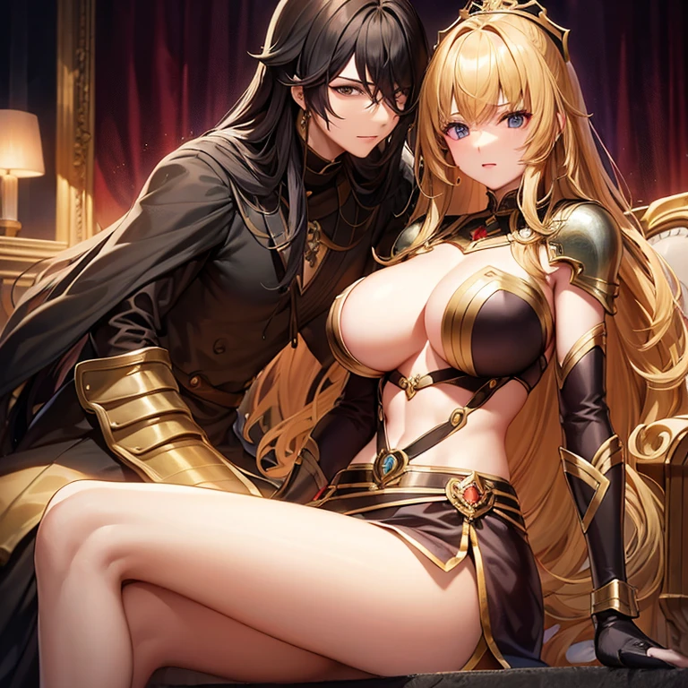 ((((1 male、muscular、Black hair black eyes、aristocratic costume、sit on the throne、))))in throneroom、(((masterpiece、highest quality、Super detailed、)))1 female、black long hair waves、Glamour、big breast nipples、human、monk、fighting monk、hair ornaments、Jacket、costume red and black、Decorative parts are gold、gauntlet、Leg Armor、(((二つのsit on the throne男性、A woman who is close to a man、couple、)))
