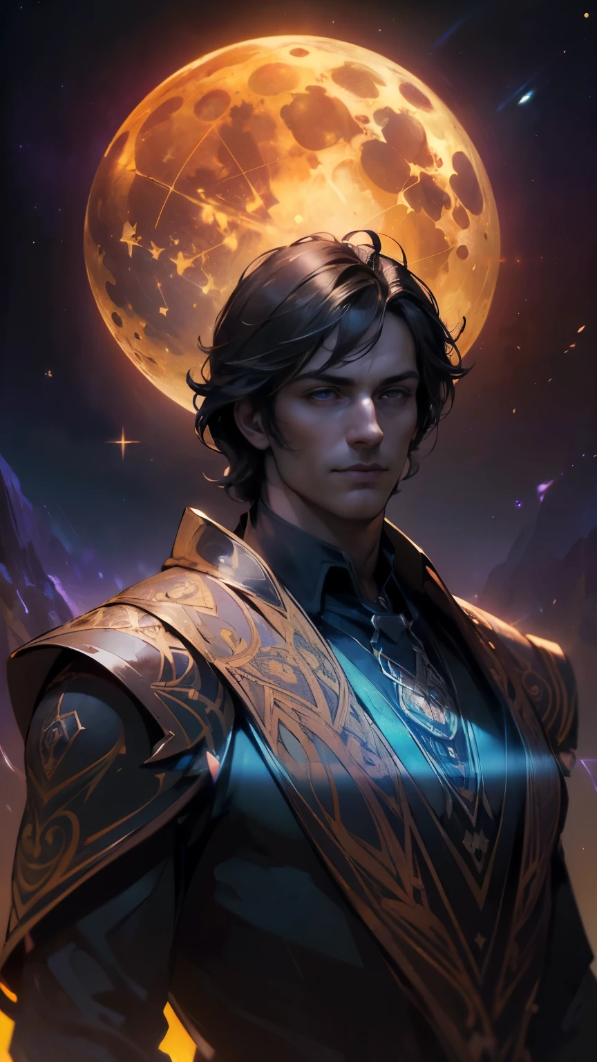 of a guy，(Masterpiece), (Best quality), (offcial art, Highly detailed CG unity 8k wallpaper), (Very detailed), (((Absurd))​, Medium Shot Shot, (Exquisite facial features), (Serafuk: 1.3) ((sfv)), ((Clean your hands)), Aqua Eye, Colored Contact Lenses, Stars in Eyes, colored glass, (album covers) Vast landscape photo, (The sky rises, The fields below), Stand in a flower field and look up, (full moon: 1.2), (meteors: 0.9), (Starcloud: 1.3), Distant mountains, Tree breaks the craft art, (Warm light: 1.2), (glowworm: 1.2), lamp lights, Lots of purple and orange, Intricate details, voluminous lighting, Realism BREAK (Masterpiece (Best quality), 4K, Ultra detail, (Dynamic composition: 1.4), Very detailed, Colorful details, (Irridescent color: 1.2), (luminouslighting, Atmospheric lighting), Dreamy, magical, (Solo: 1.2)Black hood，Blackn clothes，Cool tone effect，(absurderes, A high resolution, Ultra detailed), 1 male, Adult, Handsome, tall muscular guy, Broad shoulders, finely detailed  eyes and detailed face, Knights \tarot\, Royal Knights, Armor, sword, Symbolism, visual art, occult, universal, Visual projection, philosophy, Iconography, Numerology, popularity, Alfonse Mucha, Smile, Artistic，detailed glow，cg render，hair detail，（Handsome），Intricate clothing patterns，Perfectcomposition，Refinement，（high qulity），higher details，Lots of details，The background is complex，Tiangong atmosphere