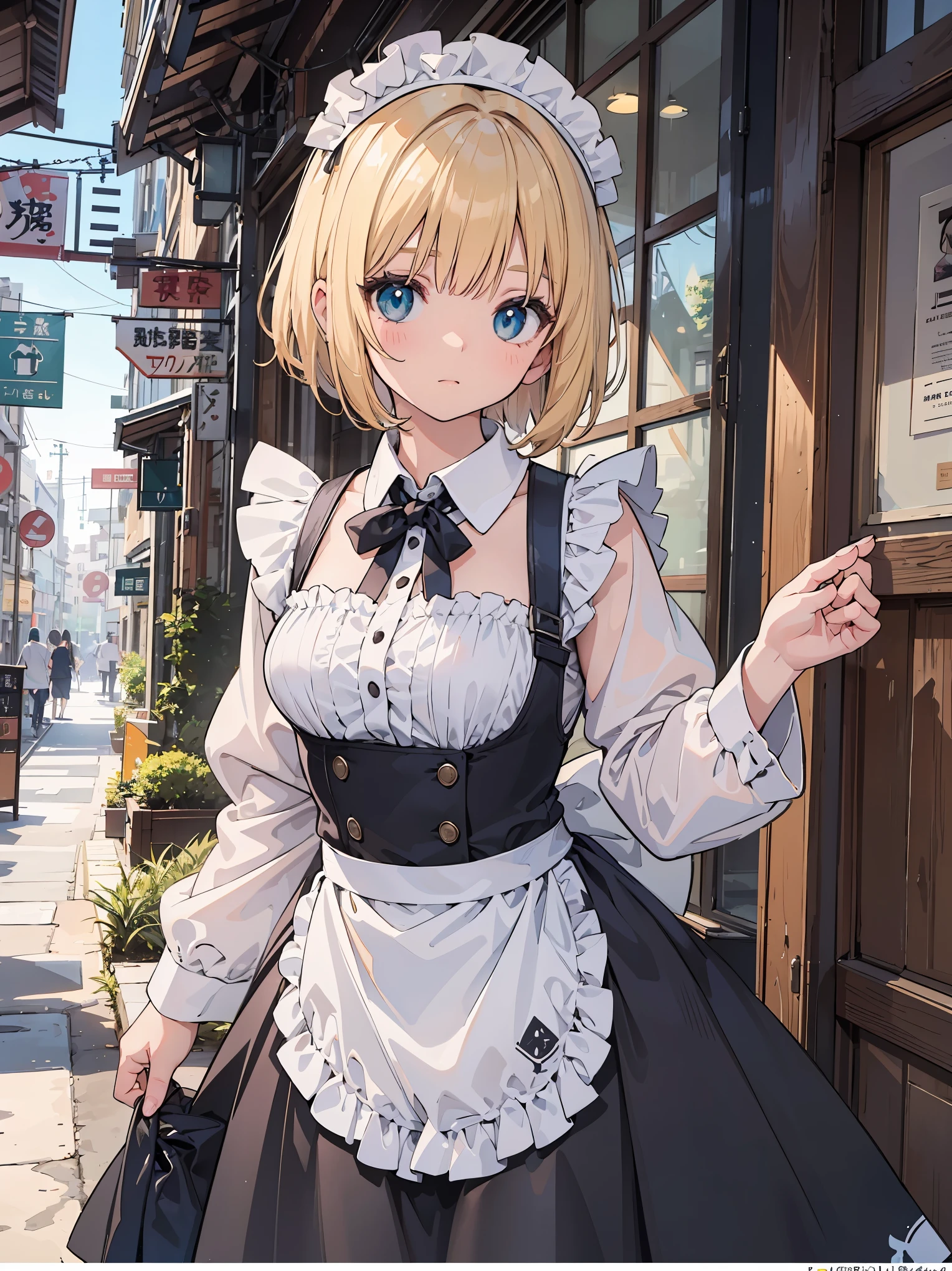 A high school girl in the style of Japanese anime illustration from 2020 with a detailed and realistic background that has depth and texture. The girl has blonde hair in a short one-length braided ponytail bob cut and wears a classical maid outfit. The theme is a maid cafe and the image is a portrait with contrast. The language in the image is Japanese and the romanization is English. The girl's eyes are realistic, complex, and detailed, and her skin texture is very fine. The girl's posing is instructed by a world-famous master and the image has a sense of dynamism. The girl's figure is a cowboy shot. The image size is 1024 x 1536 pixel