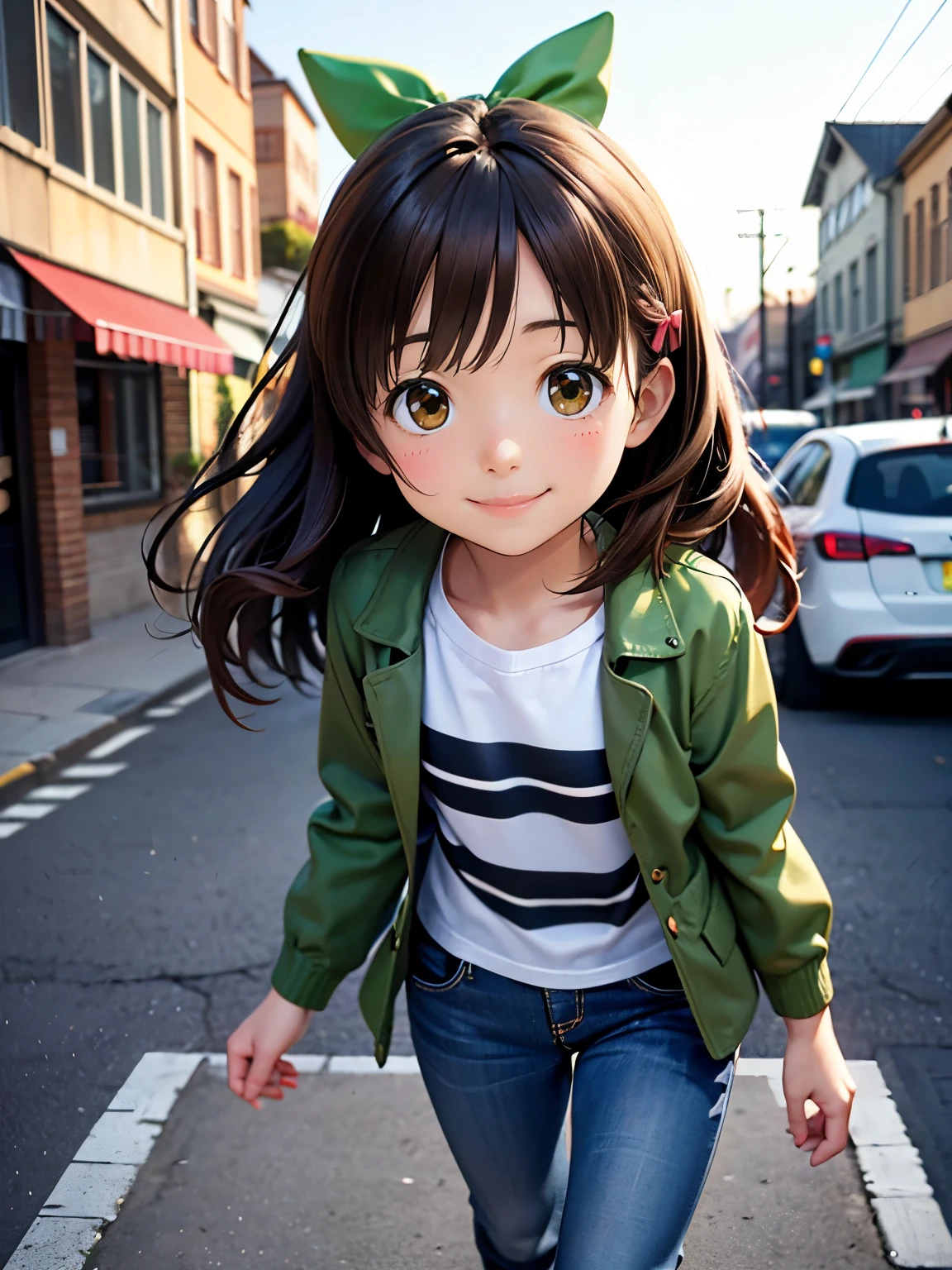 (best quality,4k,8k,highres,masterpiece:1.2),ultra-detailed, (realistic, photorealistic, photo-realistic:1.37), portrait, black striped shirt, brown eyes, long hair, [short hair], small chest, beautiful detailed eyes, [brown hair], green jacket,[walk, walking] on [the] sidewalk, close up, short jeans, black jeans, [morning light], little, [ish], [innocent expression], youthful, [soft natural lighting], [smiling face], fresh and vibrant[colours], urban scenery, bustling streetscape, cityscape, charming and carefree, energetic and joyful, moving forward, loli,iny, kclips, fluffy hair, lots of hair, thick hair, big hair, green bow, small bow, adorable