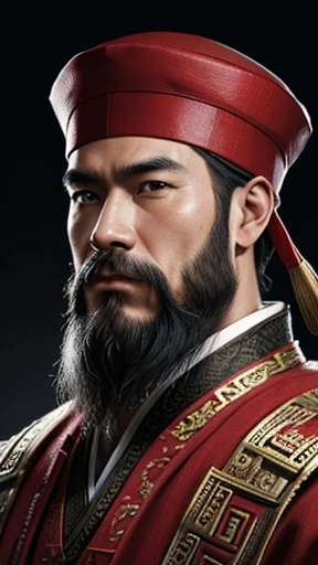 oriental、man in ancient chinese clothes、three kingdom、multiple warlords、highest quality、masterpiece、ultra high resolution、(realistic:1.4)、game poster、Clear and beautiful image quality、Red clothes、beard、square hat
