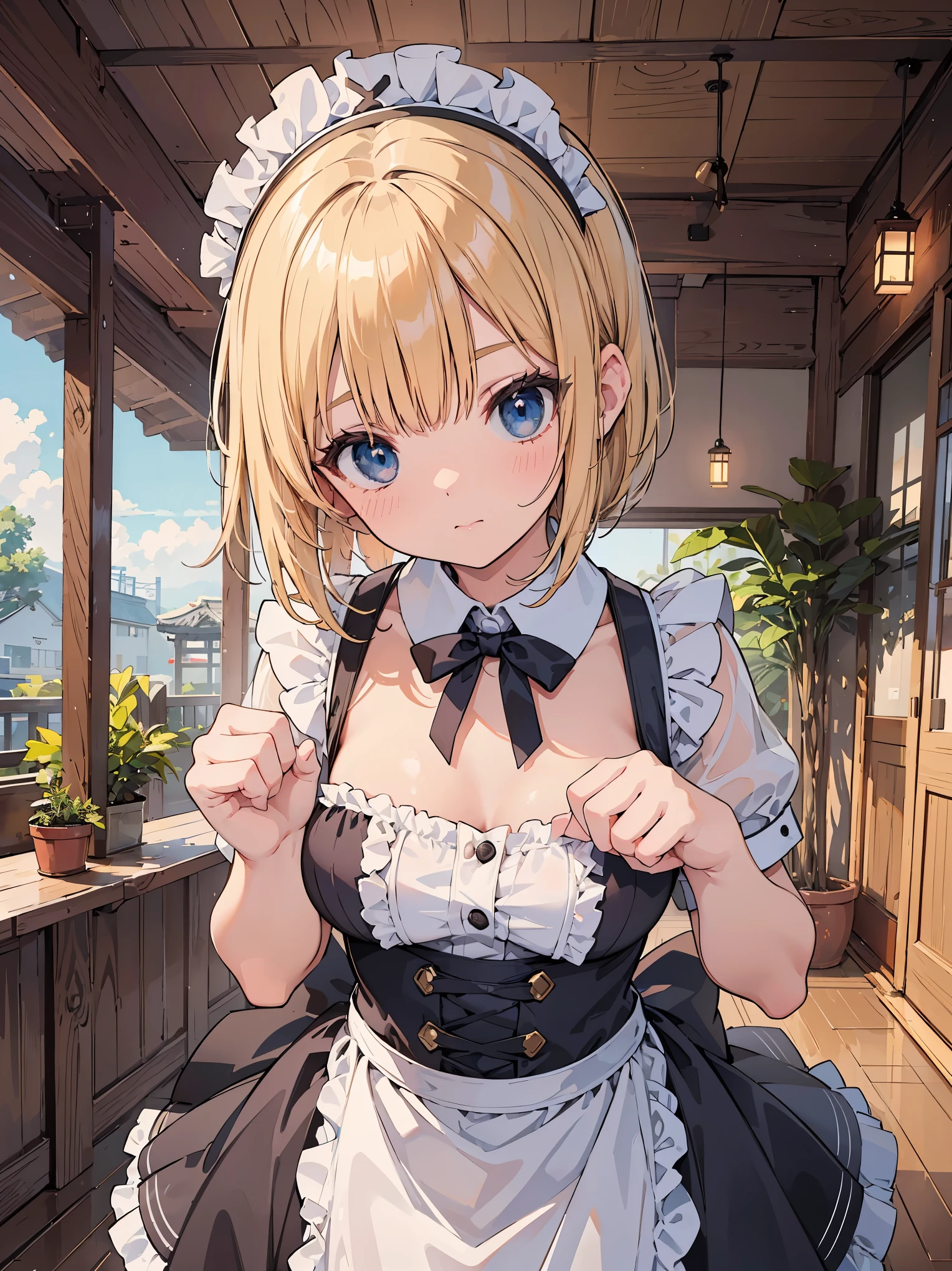 A high school girl in the style of Japanese anime illustration from 2020 with a detailed and realistic background that has depth and texture. The girl has blonde hair in a short one-length braided ponytail bob cut and wears a classical maid outfit. The theme is a maid cafe and the image is a portrait with contrast. The language in the image is Japanese and the romanization is English. The girl's eyes are realistic, complex, and detailed, and her skin texture is very fine. The girl's posing is instructed by a world-famous master and the image has a sense of dynamism. The girl's figure is a cowboy shot. The image size is 1024 x 1536 pixel