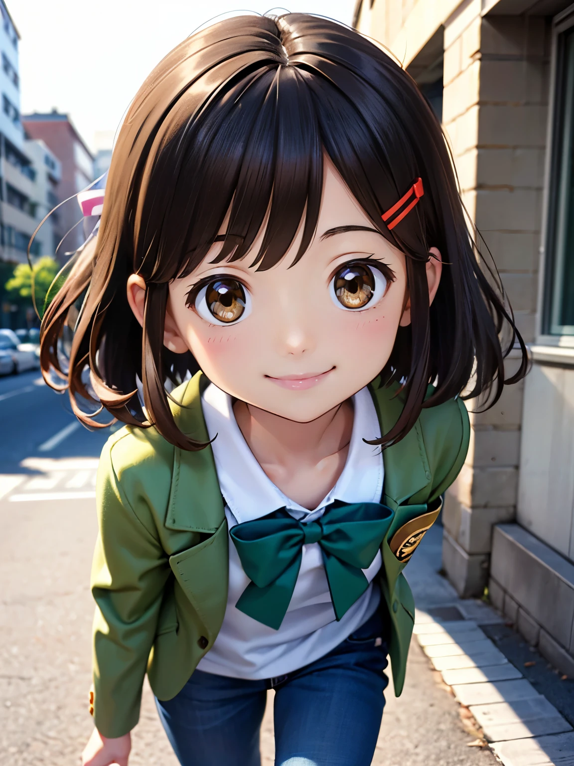 (best quality,4k,8k,highres,masterpiece:1.2),ultra-detailed, (realistic, photorealistic, photo-realistic:1.37), portrait, black striped shirt, brown eyes, long hair, [short hair], small chest, beautiful detailed eyes, [brown hair], green jacket,[walk, walking] on [the] sidewalk, close up, short jeans, black jeans, [morning light], little, [ish], [innocent expression], youthful, [soft natural lighting], [smiling face], fresh and vibrant[colours], urban scenery, bustling streetscape, cityscape, charming and carefree, energetic and joyful, moving forward, loli,iny, kclips, fluffy hair, lots of hair, thick hair, big hair, green bow, small bow, adorable