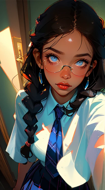 beautiful young woman, 2 long braids, thick bangs, dark hair, a lot of make-up, detailed eyes, detailed hair, detailed face, wearing round glasses, dark skin, portrait. face shot, long head, big nose, big lips, ebony skin, mischievous, blue eyes, wearing a white shirt, blue necktie, long blue plaid skirt, half body view, slim girl, , listening through the door (natural skin textures、Hyper-Realism、Soft light、sharp)