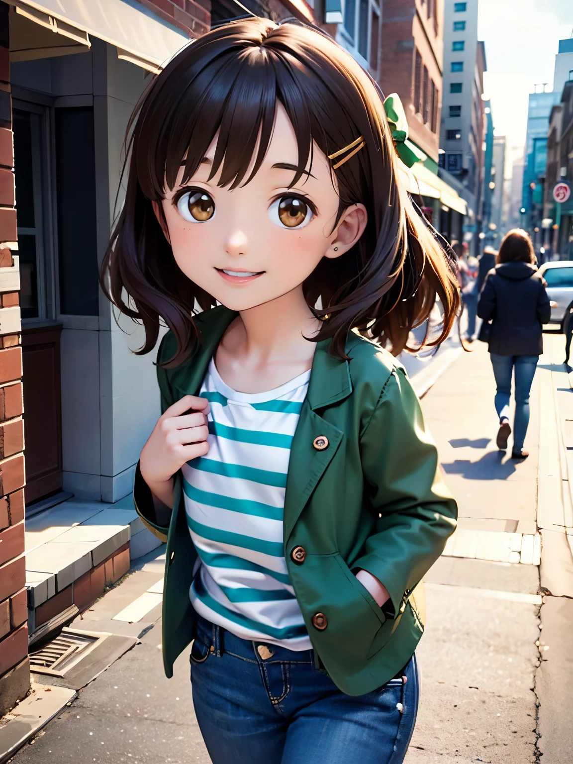 (best quality,4k,8k,highres,masterpiece:1.2),ultra-detailed, (realistic, photorealistic, photo-realistic:1.37), portrait, black striped shirt, brown eyes, long hair, [short hair], small chest, beautiful detailed eyes, [brown hair], green jacket,[walk, walking] on [the] sidewalk, close up, short jeans, black jeans, [morning light], little, [childish], [innocent expression], youthful, [soft natural lighting], [smiling face], fresh and vibrant[colours], urban scenery, bustling streetscape, cityscape, charming and carefree, energetic and joyful, moving forward, , tiny, kid, hair clips, fluffy hair, lots of hair, thick hair, big hair, green bow, small bow