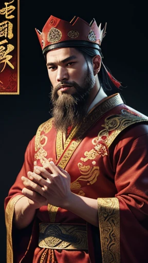 oriental、man in ancient chinese clothes、three kingdom、multiple warlords、highest quality、masterpiece、ultra high resolution、(realistic:1.4)、game poster、Clear and beautiful image quality、Red clothes、beard、square cloth crown