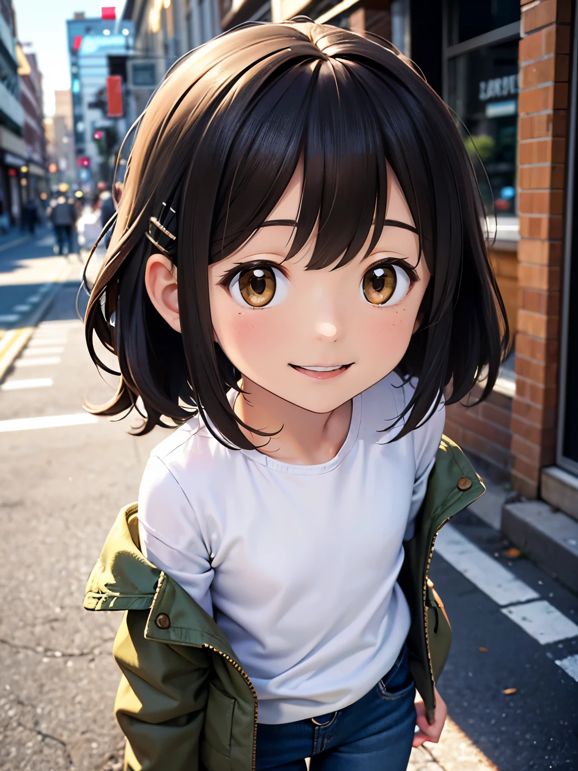 (best quality,4k,8k,highres,masterpiece:1.2),ultra-detailed, (realistic, photorealistic, photo-realistic:1.37), portrait, black striped shirt, brown eyes, long hair, [short hair], small chest, beautiful detailed eyes, [brown hair], green jacket,[walk, walking] on [the] sidewalk, close up, short jeans, black jeans, [morning light], little, [ish], [innocent expression], youthful, [soft natural lighting], [smiling face], fresh and vibrant[colours], urban scenery, bustling streetscape, cityscape, charming and carefree, energetic and joyful, moving forward, loli,iny, kclips, fluffy hair, lots of hair, thick hair, big hair