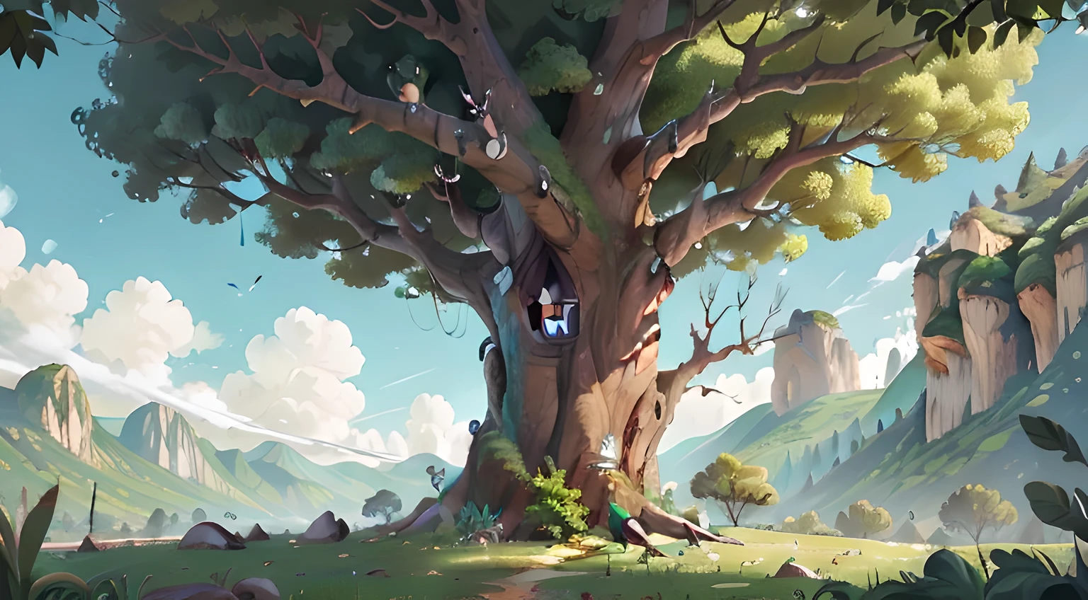 A large tree is on the left side of the frame，El dosel es denso，Saca algunas ramas，Ladera en la distancia，Hay varias nubes en el cielo