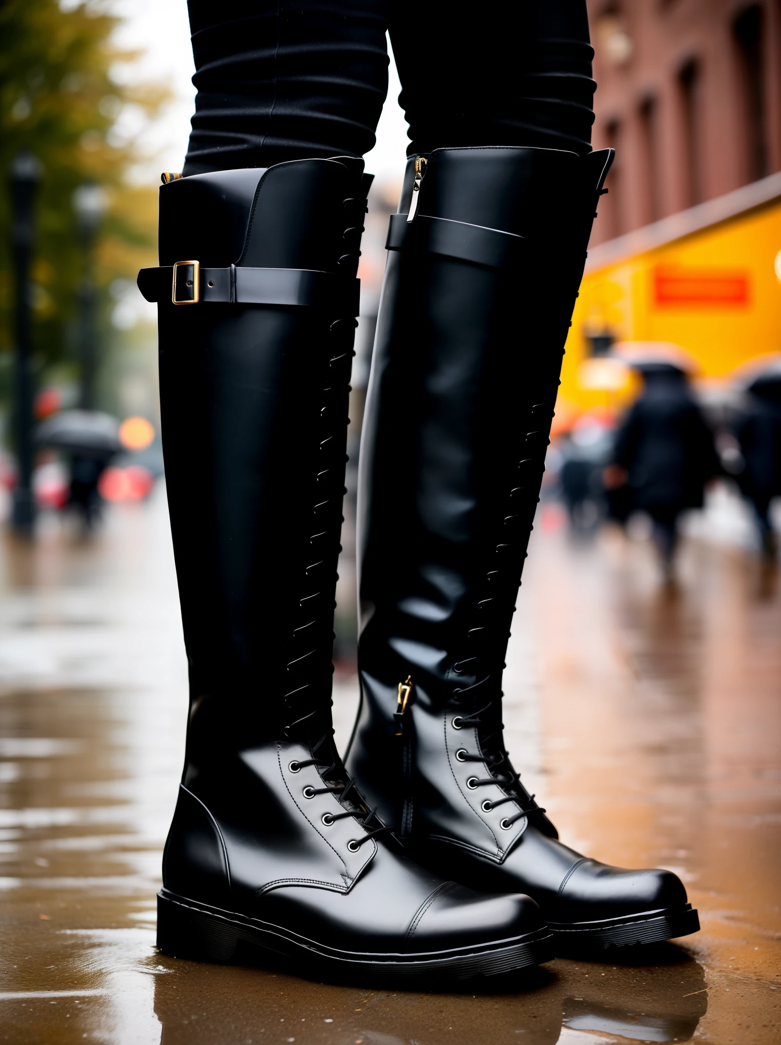 a wet pair of tall combat black boots, standing on the street, by a heavy rainy day