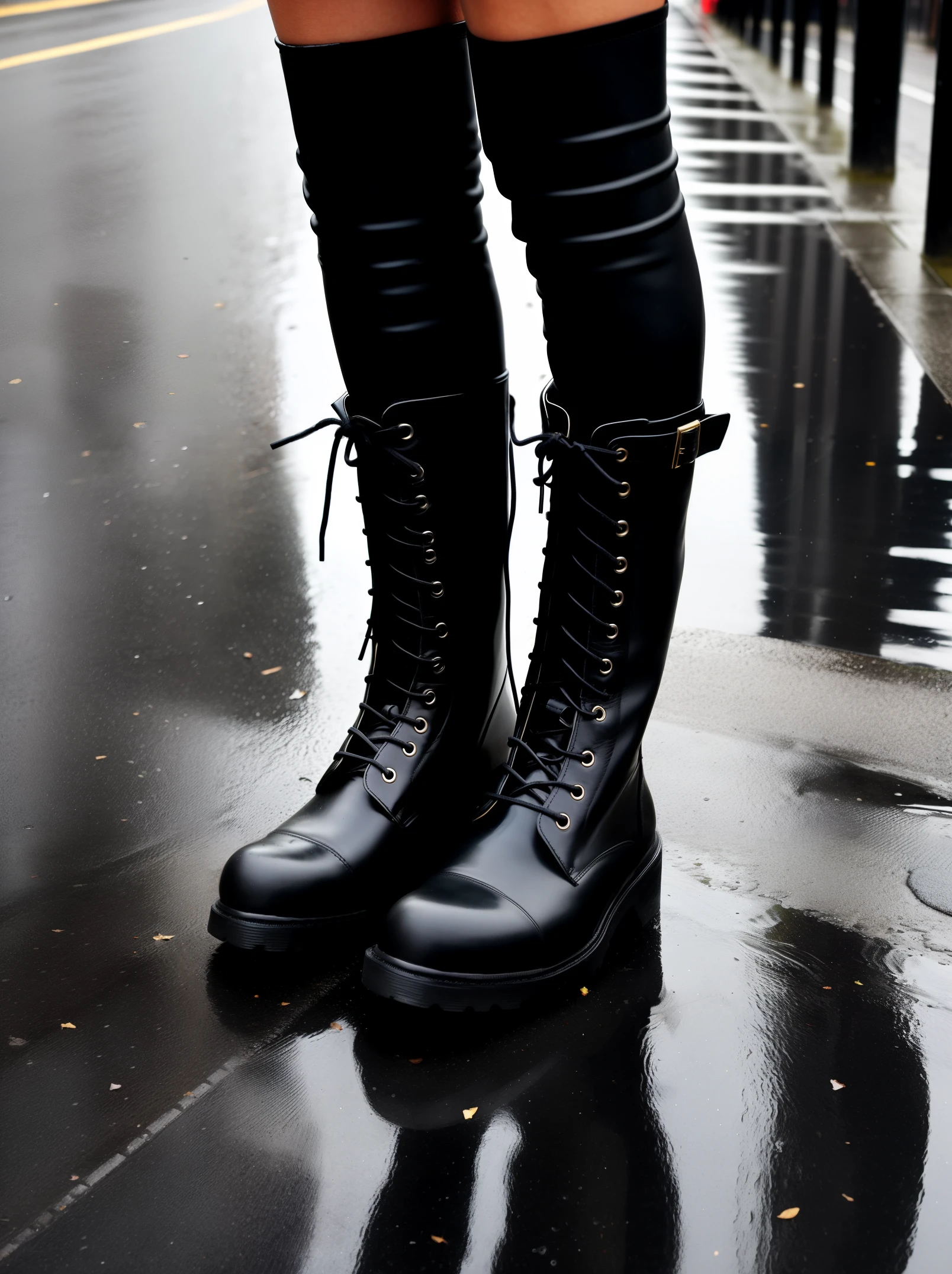 a wet pair of tall combat black boots, standing on the street, by a heavy rainy day