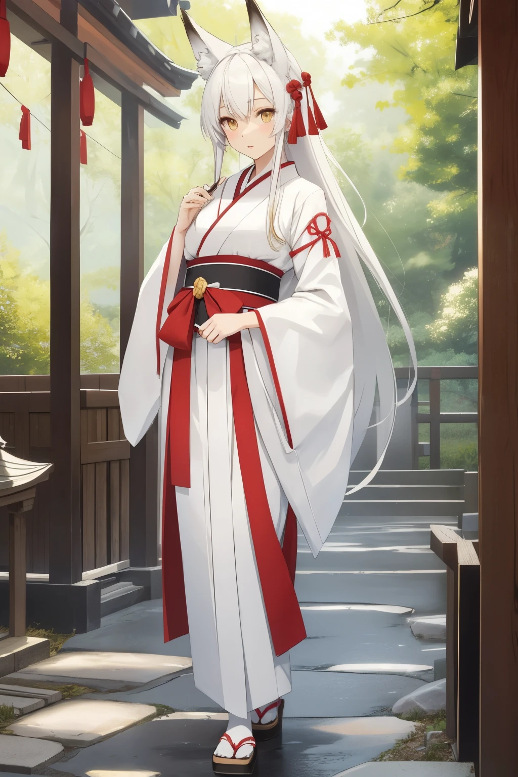 (ultra-detailed,best quality,highres:1.2), BLARKY beautiful caucasian woman with very long straight white hair,(yellow eyes),fair skin,expressive face,attractive appearance,animal ear fluff,animal ears,extra ears,fox ears,fox girl,fox tail,long hair,bangs,hair between eyes,large breasts,blush,
BREAK 1girl,
BREAK
Japanese shrine meiden, Miko,
A classic ankle-length kimono in a pure white or subtle solid color,
The sleeves are typically long and wide in traditional Japanese style,
BREAK
Flowing hakama pants, often in a contrasting color like black or deep red,
Hakama adds a ceremonial and dignified to the Miko ensemble,
BREAK
A vibrant, wide obi belt wrapped around the waist with intricate patterns,
The obi color and design can vary,
BREAK
White tabi socks with traditional zori sandals,
Carrying sacred wand "shakujo",
BREAK
Hair styled in a simple neat manner, adorned with a white ribbon or simple headband,
Traditional hairpins "kanzashi" for elegance,
BREAK
A sacred rope "shimenawa" draped over the shoulders,
A set of ritual paper streamers "shide" attached to the shimenawa or the sacred wand,
Subtle and natural makeup,
BREAK masterpiece background, large breasts, (happy:1.5), waterfall, slim, (skinny), slim body, parted lips, outside at a large park, lake, trees, icy mountains, backshot,