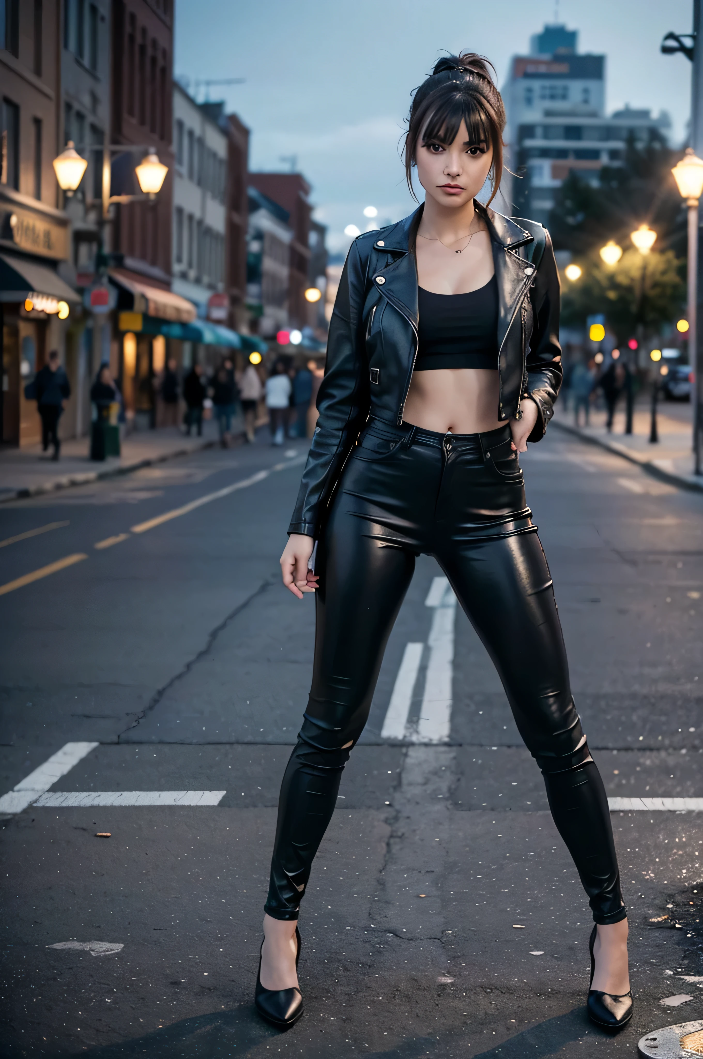 full body Realism, a 22 - year - old girl, dark hair, a ponytail on her head, bangs falling on her face, beautiful hairstyle, light makeup, dressed in a leather jacket, tight leather pants, beautiful shoes on her feet, evening city street in the background, high detail appearance, high detail hairstyle, high detail environment, high detail background, in the background is a modern city, the photo was taken with a photorealistic SLR camera, resolution full hd, 8K
