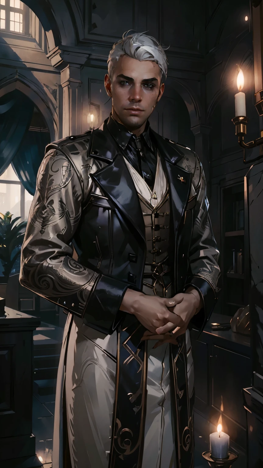 (masterpiece, best quality:1.3)
KerryEurodyneCyber, 1boy, solo, white hair, historic mansion, twilight, elegant and atmospheric with warm, candlelit interiors