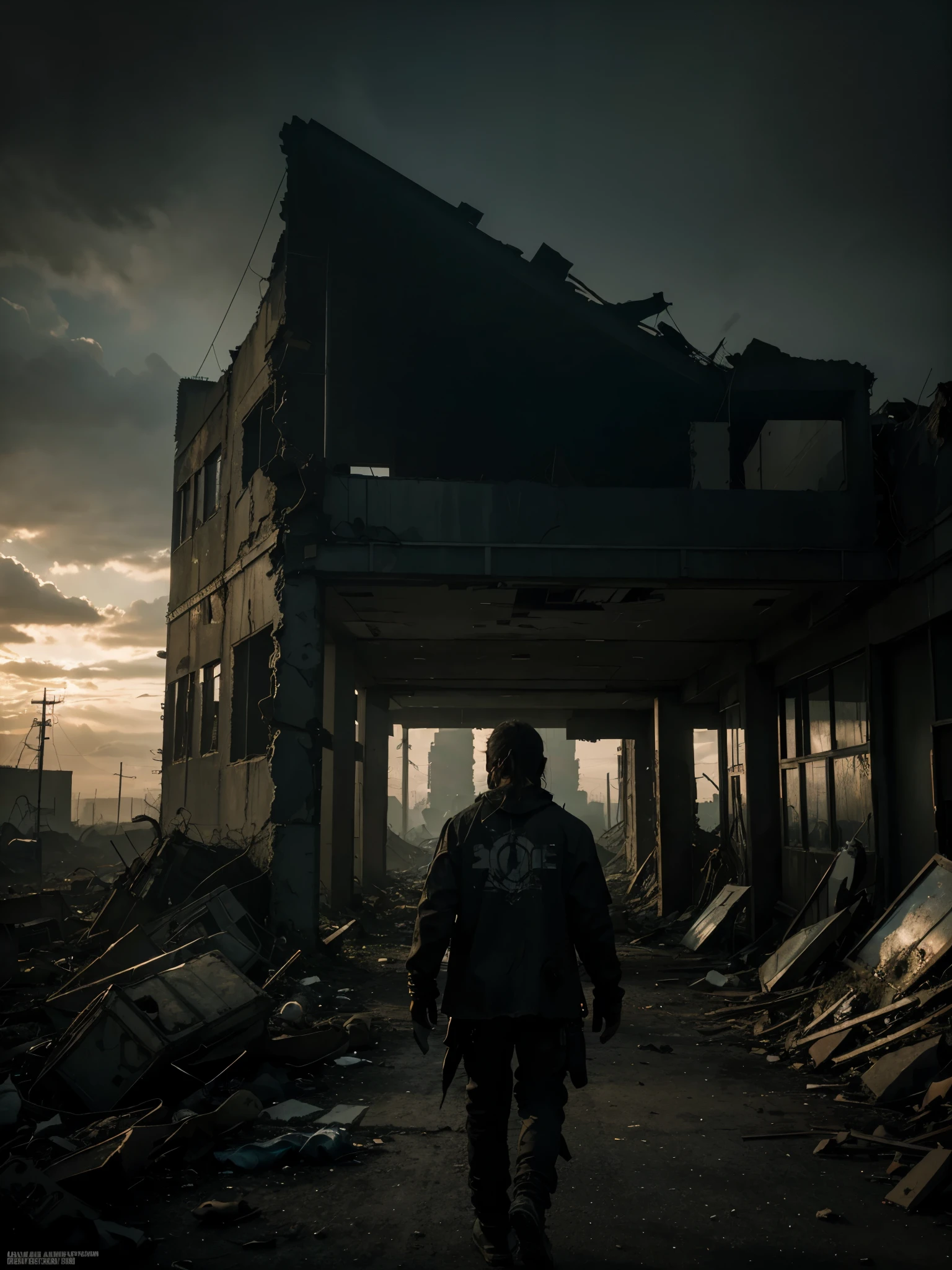 a post-apocalyptic scenario full of dead people, decaying buildings, desolate streets, wreckage, scattered items, abandoned vehicles, eerie silence, toxic atmosphere, ruins, overgrown vegetation, crumbling infrastructure, hauntingly beautiful landscapes, harsh sunlight, dust-filled air, dramatic shadows, hauntingly empty eyes, pale and lifeless skin, tattered clothing, worn-out shoes, scavengers roaming, a feeling of despair, solitude, the world in ruins, hopelessness, an unsettling stillness, a lone survivor, survival instincts kicking in, the struggle for survival amidst chaos, the human spirit persevering, a glimpse of hope in the distance, a new beginning emerging from the darkness. (best quality, highres), apocalyptic art style, desaturated colors, moody lighting.