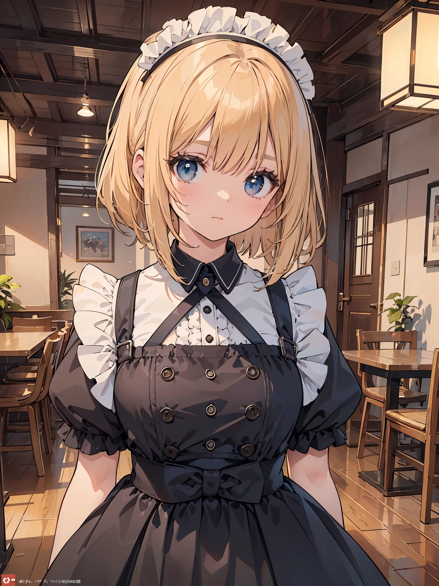 A high school girl in the style of Japanese anime illustration from 2020 with a detailed and realistic background that has depth and texture. The girl has blonde hair in a short one-length braided ponytail bob cut and wears a classical maid outfit. The theme is a maid cafe and the image is a portrait with contrast. The language in the image is Japanese and the romanization is English. The girl's eyes are realistic, complex, and detailed, and her skin texture is very fine. The girl's posing is instructed by a world-famous master and the image has a sense of dynamism. The girl's figure is a cowboy shot. The image size is 1024 x 1536 pixel