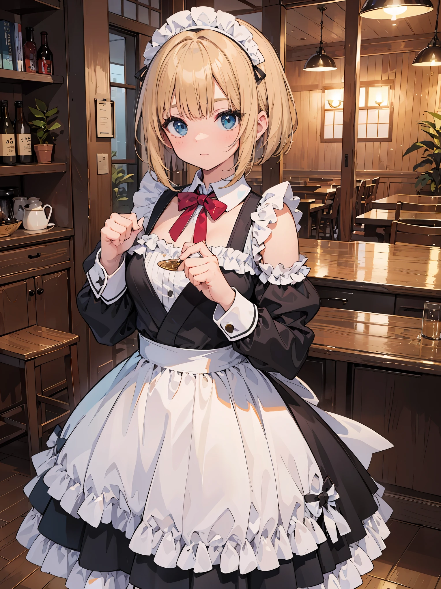 A high school girl in the style of Japanese anime illustration from 2020 with a detailed and realistic background that has depth and texture. The girl has blonde hair in a short one-length braided ponytail bob cut and wears a classical maid outfit. The theme is a maid cafe and the image is a portrait with contrast. The language in the image is Japanese and the romanization is English. The girl's eyes are realistic, complex, and detailed, and her skin texture is very fine. The girl's posing is instructed by a world-famous master and the image has a sense of dynamism. The girl's figure is a cowboy shot. The image size is 1024 x 1536 pixel