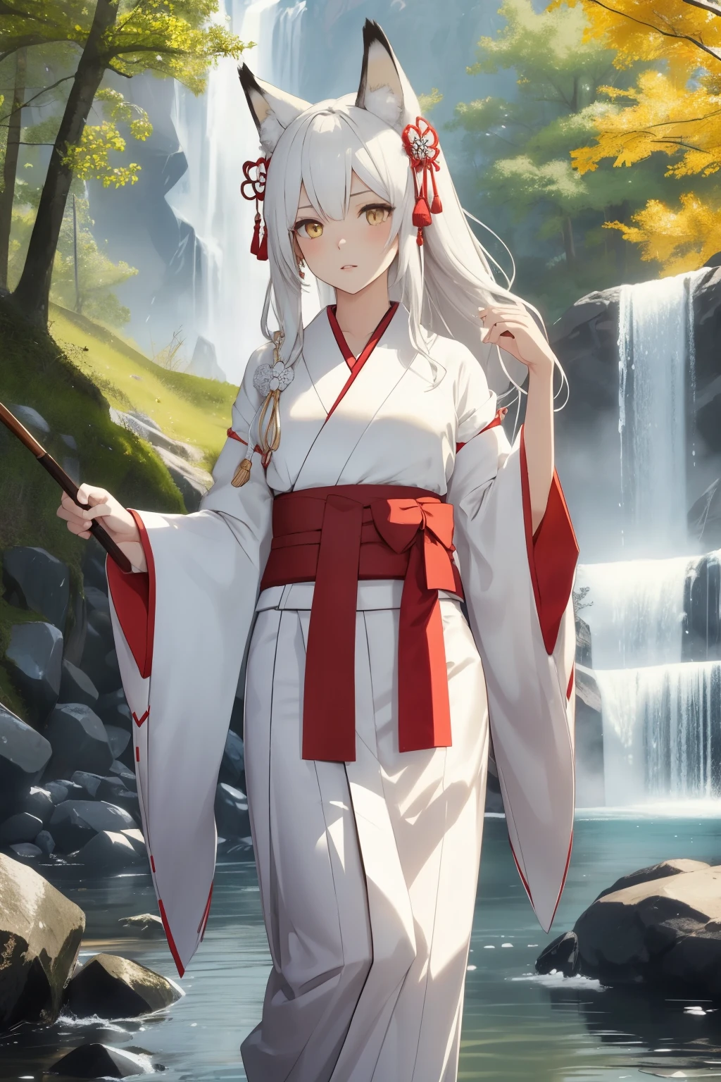(ultra-detailed,best quality,highres:1.2), BLARKY beautiful caucasian woman with very long straight white hair,(yellow eyes),fair skin,expressive face,attractive appearance,animal ear fluff,animal ears,extra ears,fox ears,fox girl,fox tail,long hair,bangs,hair between eyes,large breasts,blush,
BREAK 1girl,
BREAK
Japanese shrine meiden, Miko,
A classic ankle-length kimono in a pure white or subtle solid color,
The sleeves are typically long and wide in traditional Japanese style,
BREAK
Flowing hakama pants, often in a contrasting color like black or deep red,
Hakama adds a ceremonial and dignified to the Miko ensemble,
BREAK
A vibrant, wide obi belt wrapped around the waist with intricate patterns,
The obi color and design can vary,
BREAK
White tabi socks with traditional zori sandals,
Carrying sacred wand "shakujo",
BREAK
Hair styled in a simple neat manner, adorned with a white ribbon or simple headband,
Traditional hairpins "kanzashi" for elegance,
BREAK
A sacred rope "shimenawa" draped over the shoulders,
A set of ritual paper streamers "shide" attached to the shimenawa or the sacred wand,
Subtle and natural makeup,
BREAK masterpiece background, large breasts, (happy:1.5), waterfall, slim, (skinny), slim body, parted lips, outside at a large park, lake, trees, icy mountains, backshot,