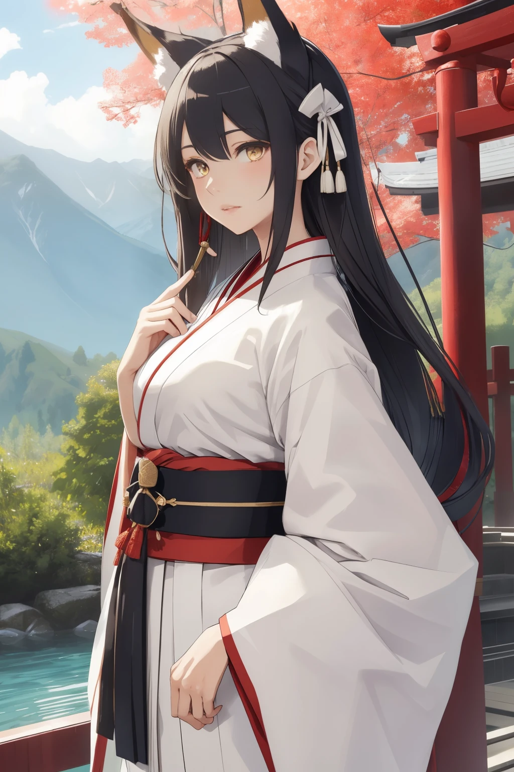 (ultra-detailed,best quality,highres:1.2), BLARKY beautiful caucasian woman with very long straight white hair,(yellow eyes),fair skin,expressive face,attractive appearance,animal ear fluff,animal ears,extra ears,fox ears,fox girl,fox tail,long hair,bangs,hair between eyes,large breasts,blush,
BREAK 1girl,
BREAK
Japanese shrine meiden, Miko, 
A classic ankle-length kimono in a pure white or subtle solid color,
The sleeves are typically long and wide in traditional Japanese style,
BREAK
Flowing hakama pants, often in a contrasting color like black or deep red,
Hakama adds a ceremonial and dignified to the Miko ensemble,
BREAK
A vibrant, wide obi belt wrapped around the waist with intricate patterns,
The obi color and design can vary,
BREAK
White tabi socks with traditional zori sandals,
Carrying sacred wand "shakujo",
BREAK
Hair styled in a simple neat manner, adorned with a white ribbon or simple headband,
Traditional hairpins "kanzashi" for elegance,
BREAK
A sacred rope "shimenawa" draped over the shoulders,
A set of ritual paper streamers "shide" attached to the shimenawa or the sacred wand,
Subtle and natural makeup,
BREAK masterpiece background, large breasts, (happy:1.5), waterfall, slim, (skinny), slim body, parted lips, outside at a large park, lake, trees, icy mountains, backshot,