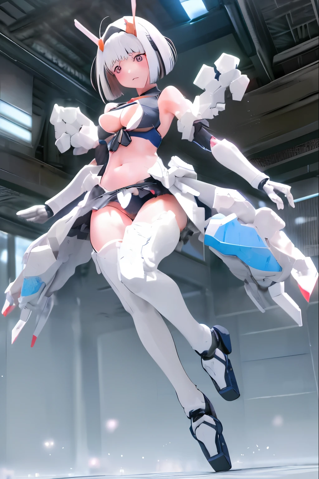 (highest quality)), ((masterpiece)), (very detailed: 1.3), 3D, {(japanese young girl)}, ((wears a futuristic Gundam mecha)),(Gundam), with headgear, with v-fin , ((unarmored cleavage)), ((unarmored stomach)), ((unarmored upper arms)), ((unarmored face)), (unarmored hands), (unarmored waist), ((unarmored thighs)), (unarmored ankles), japanese girl wear light blue and white striped pantie under armor, multilayer textureperfect proportions, octane rendering, duotone lighting, Low ISO, wide aperture, White balance, Rule of thirds, ultra HD16k, HDR (High Dynamic Range), Ray Tracing, NVIDIA RTX, Super Resolution, Subsurface Scattering, PBR Texturing, Post Processing, Anisotropic Filtering, Depth of Field, Maximum Clarity and Clarity, High efficiency subpixel, subpixel convolution, particles of light, light scattered, Tyndall effect, full body:1.5, battle pose, cute, (cute:1.2), (bob cut:1.3),三つ編み, 黒髪, 太い眉毛, 薄い色の虹彩, 大きくて輝いている黒い瞳, 長いまつげ, 小さく薄い色の自然な唇, (Average face of Japanese idols), (日本人特有の童顔:1.3), (baby face), 広いおでこ:1.2, ふっくらした頬, 小さな顎, open legs, spread feet, visible side boob, (メカウィング), (巨大な武器を持っている:1.2), 特大の盾を持っている, in the hangar,looking at viewer,Focus on the eyes