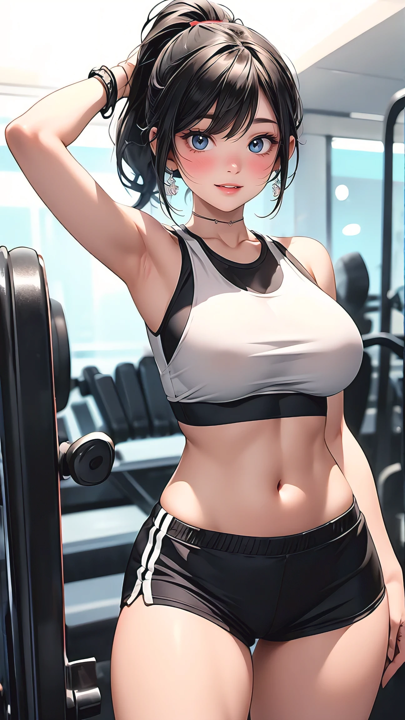 masterpiece, best quality, solo, woman, perfect slim fit body, muscular, thick thighs, huge breasts, standing pose, at the gym, (cropped tank top, underboobs, sports shorts), ponytail wavy hair, attractive feature, elaborate details, chic, natural light, morning